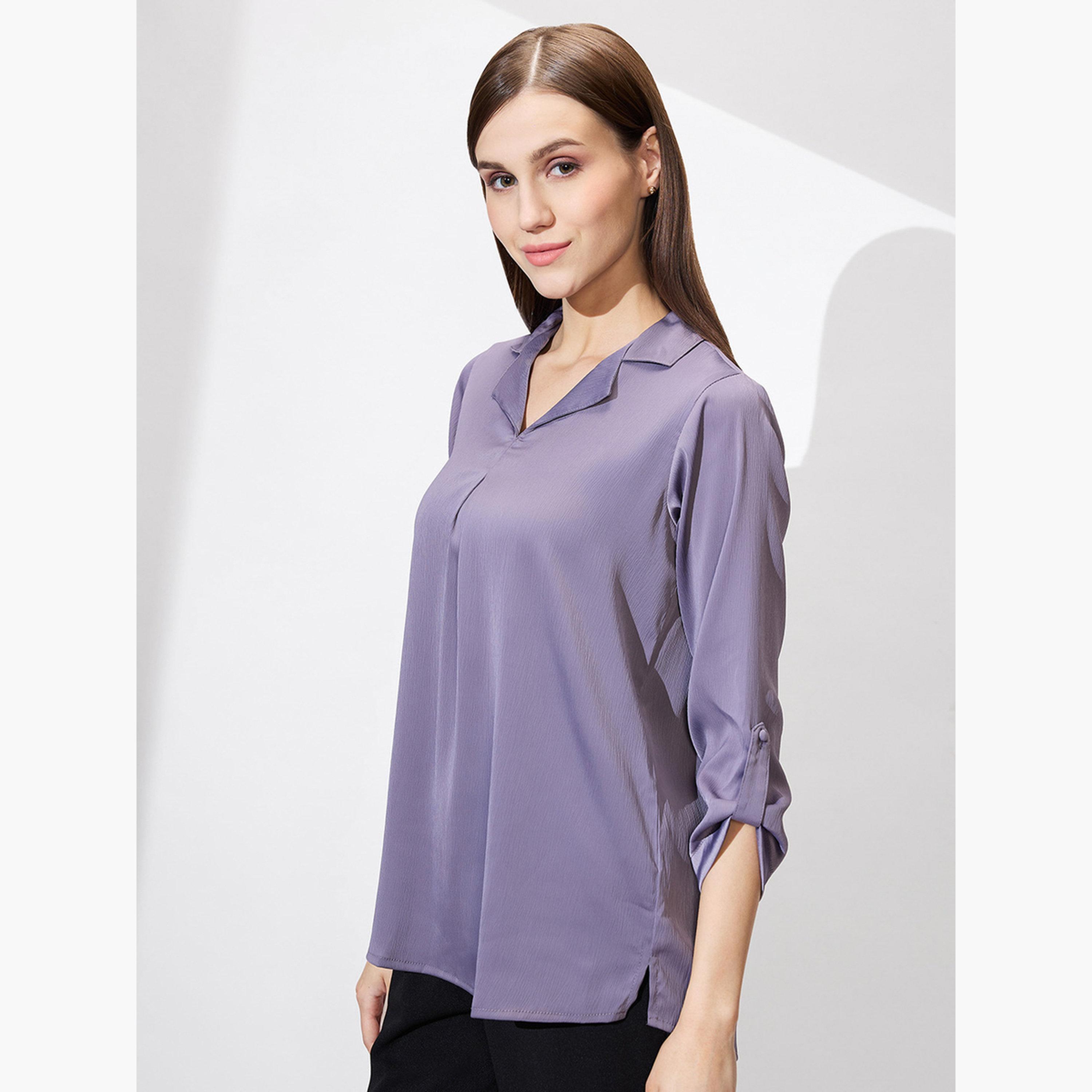غلوبوس × ستايلي - بلوزة ساتان بأكمام مطوية باللون البنفسجي للنساء-women-clothing-tshirts-image-1