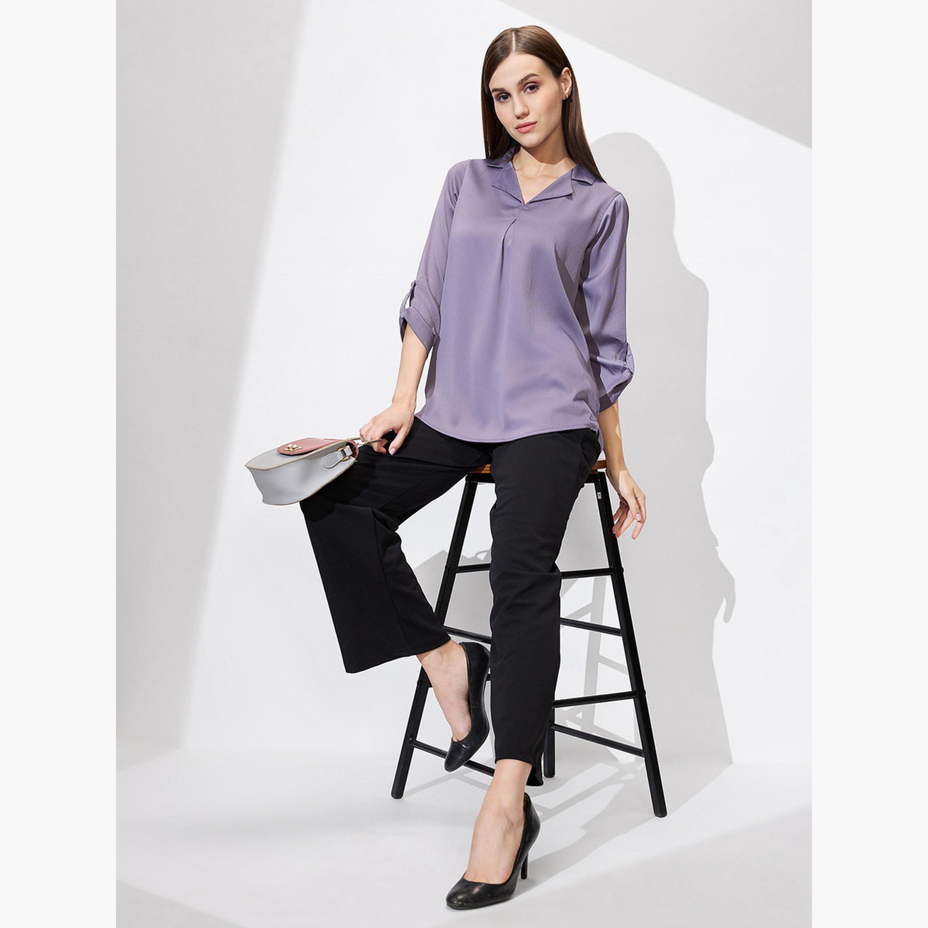 Globus X Styli Women Mauve Roll Up Sleeves Satin Top-women-clothing-tshirts-image-2