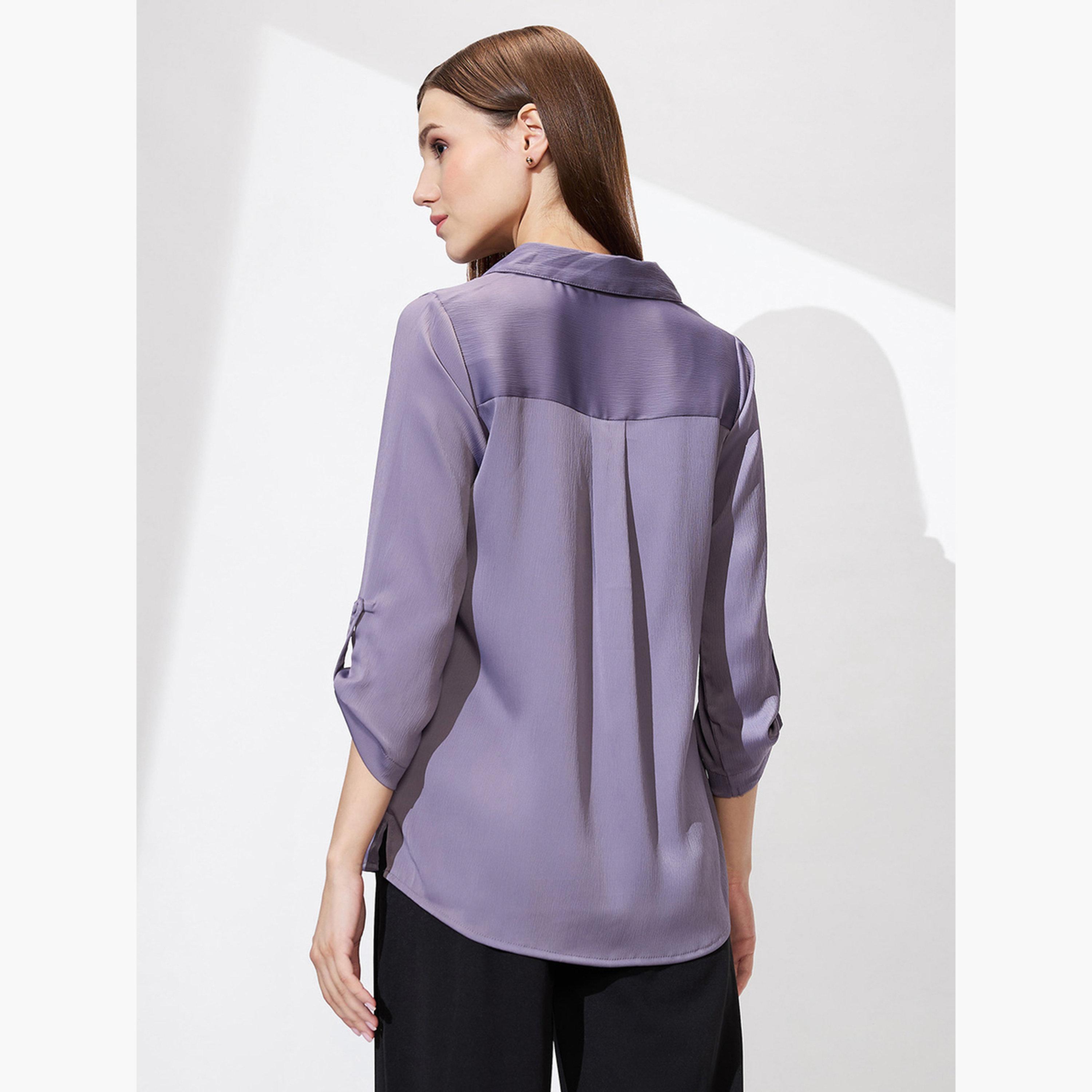 غلوبوس × ستايلي - بلوزة ساتان بأكمام مطوية باللون البنفسجي للنساء-women-clothing-tshirts-image-3