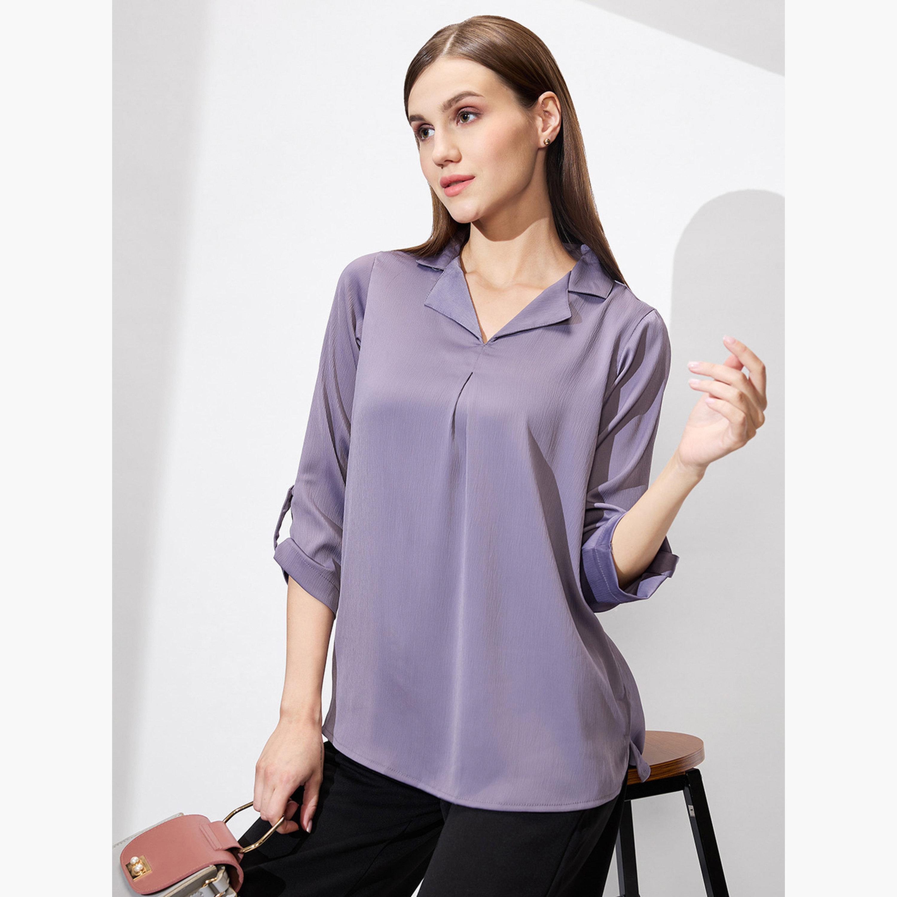 Globus X Styli Women Mauve Roll Up Sleeves Satin Top-women-clothing-tshirts-image-5
