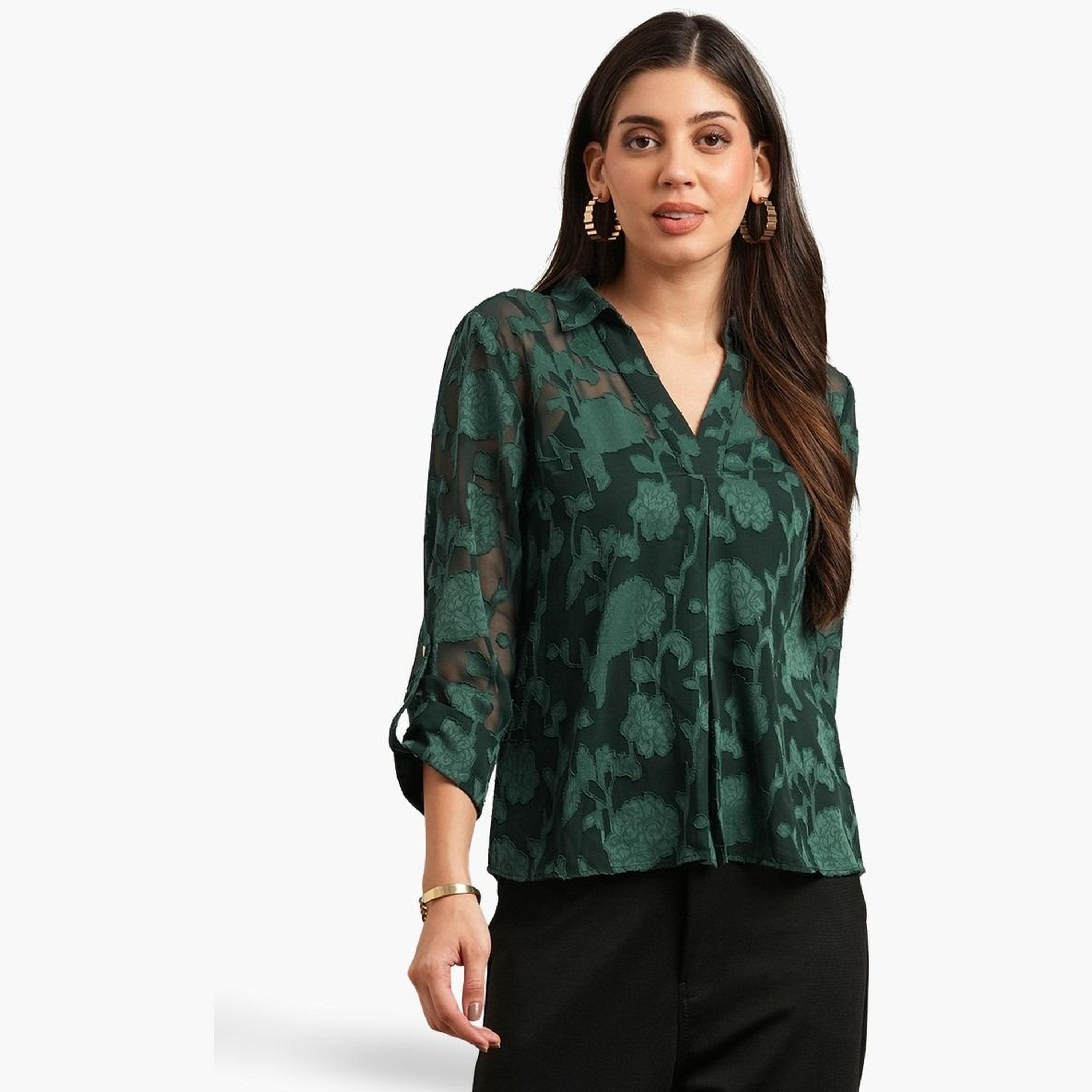 Globus X Styli Emerald Green Floral Long Sleeve Top-women-clothing-shirtsandblouses-blouses-image-1