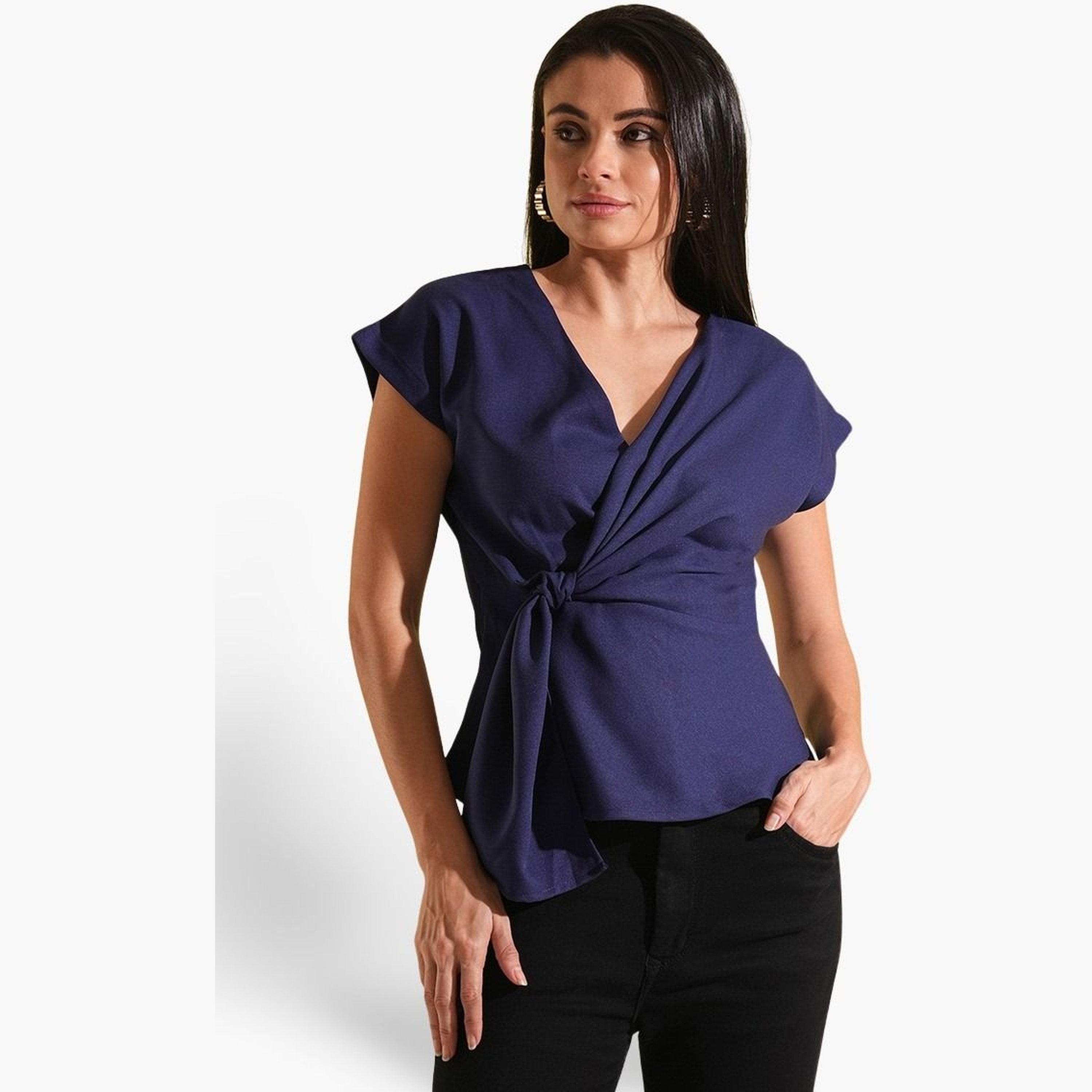 غلوبوص × ستايلي - بلوزة زرقاء داكنة ملفوفة رقبة حرف V وتفاصيل ملفوفة-women-clothing-shirtsandblouses-blouses-image-1