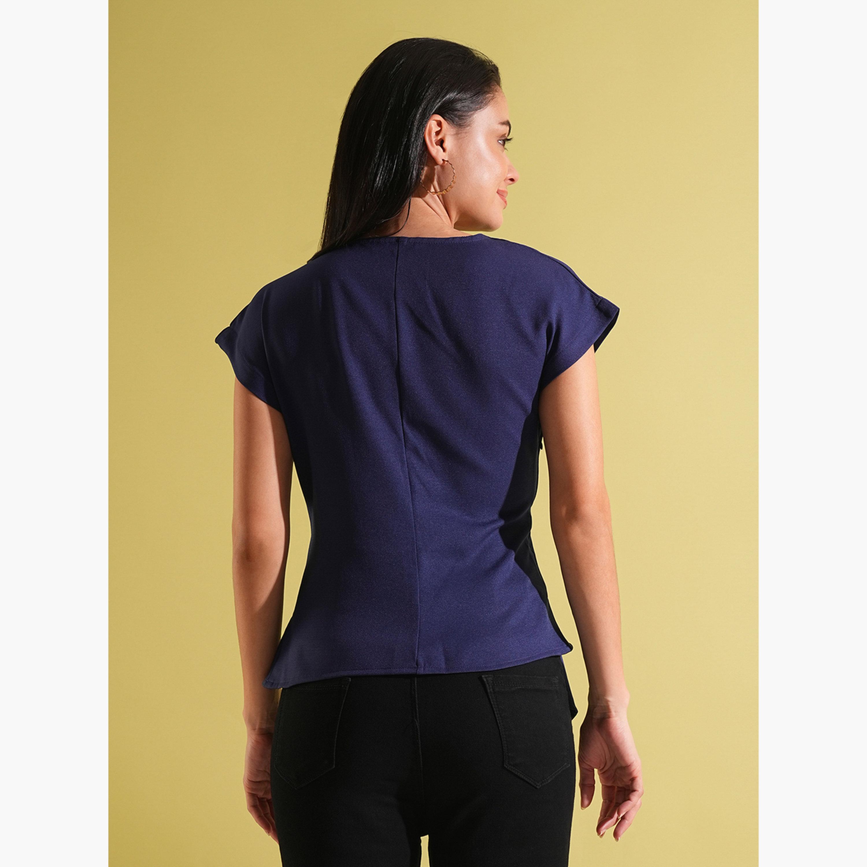 Globus X Styli Navy Blue Wrap V-Neck Twisted Detail Top-women-clothing-shirtsandblouses-blouses-image-3
