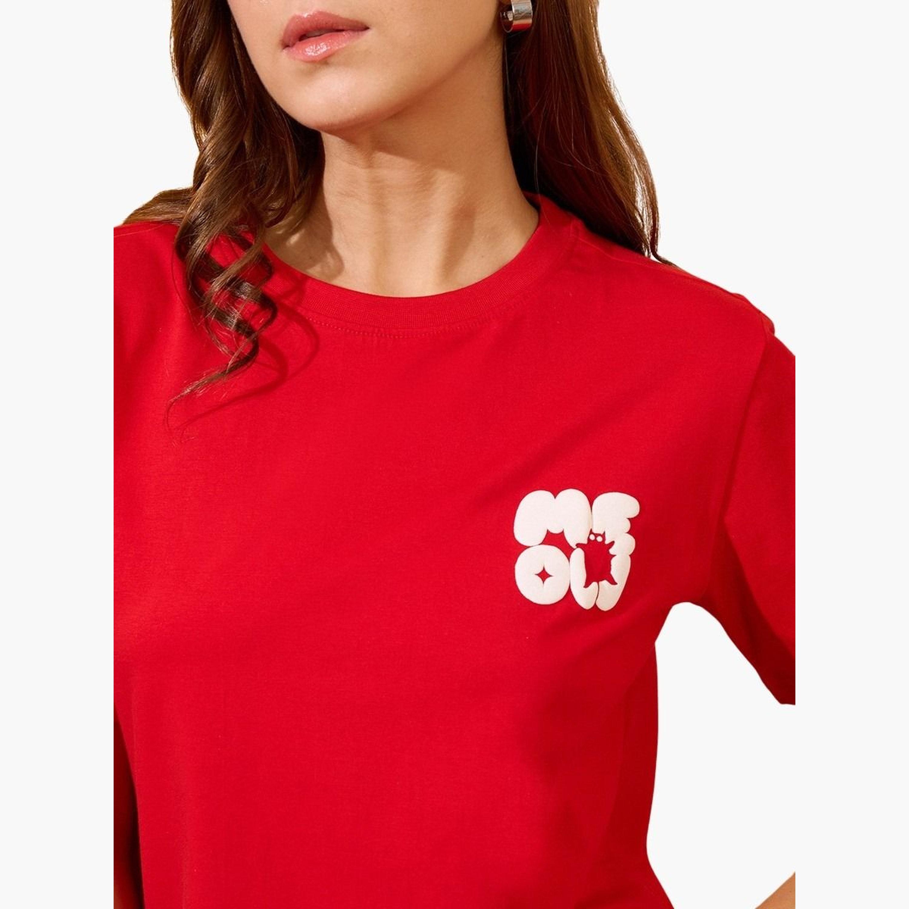 غلوبوس × ستايلي - تي شيرت أحمر تصميم واسع نقشة جرافيكية ورقبة مستديرة للنساء-women-clothing-tshirts-image-4