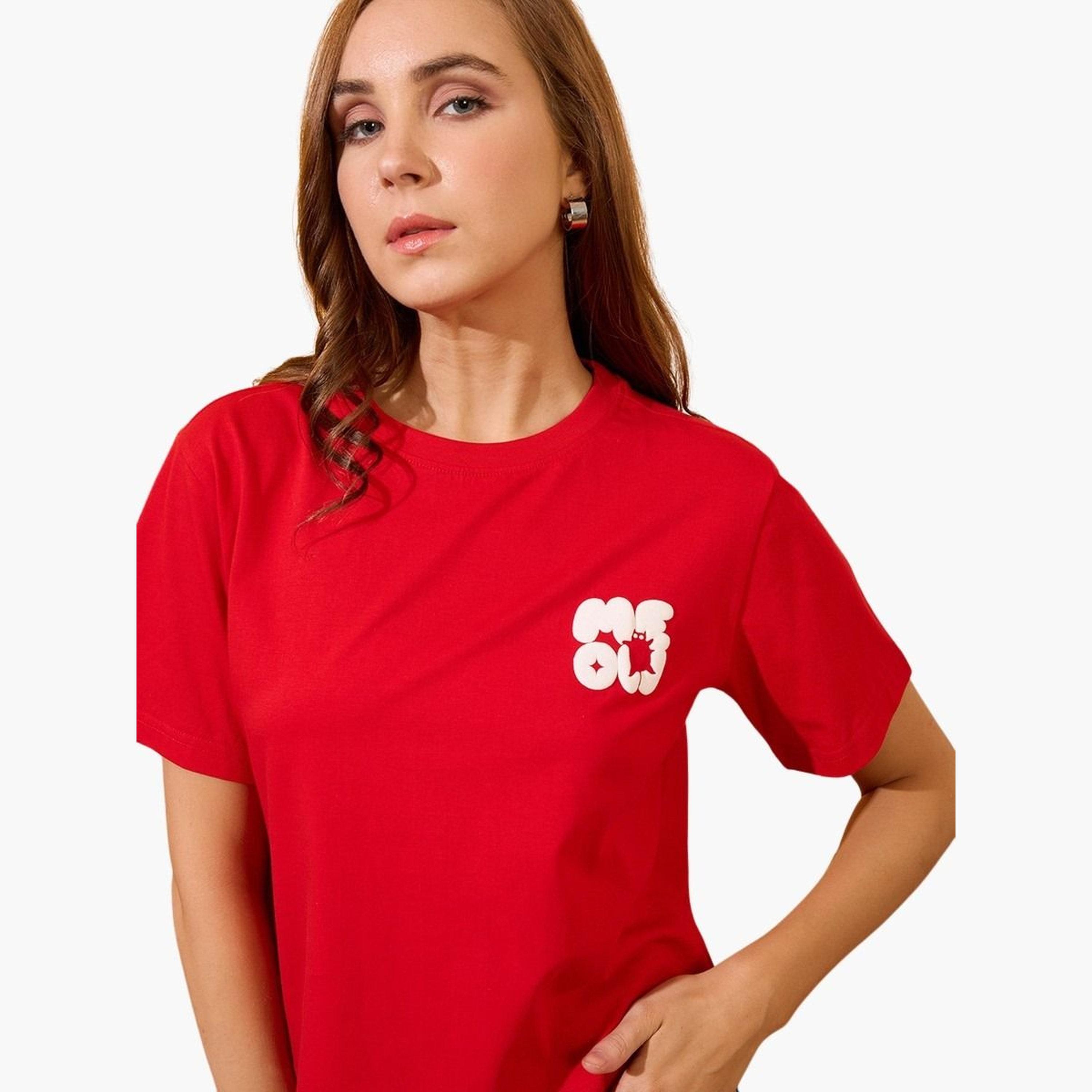 غلوبوس × ستايلي - تي شيرت أحمر تصميم واسع نقشة جرافيكية ورقبة مستديرة للنساء-women-clothing-tshirts-image-5