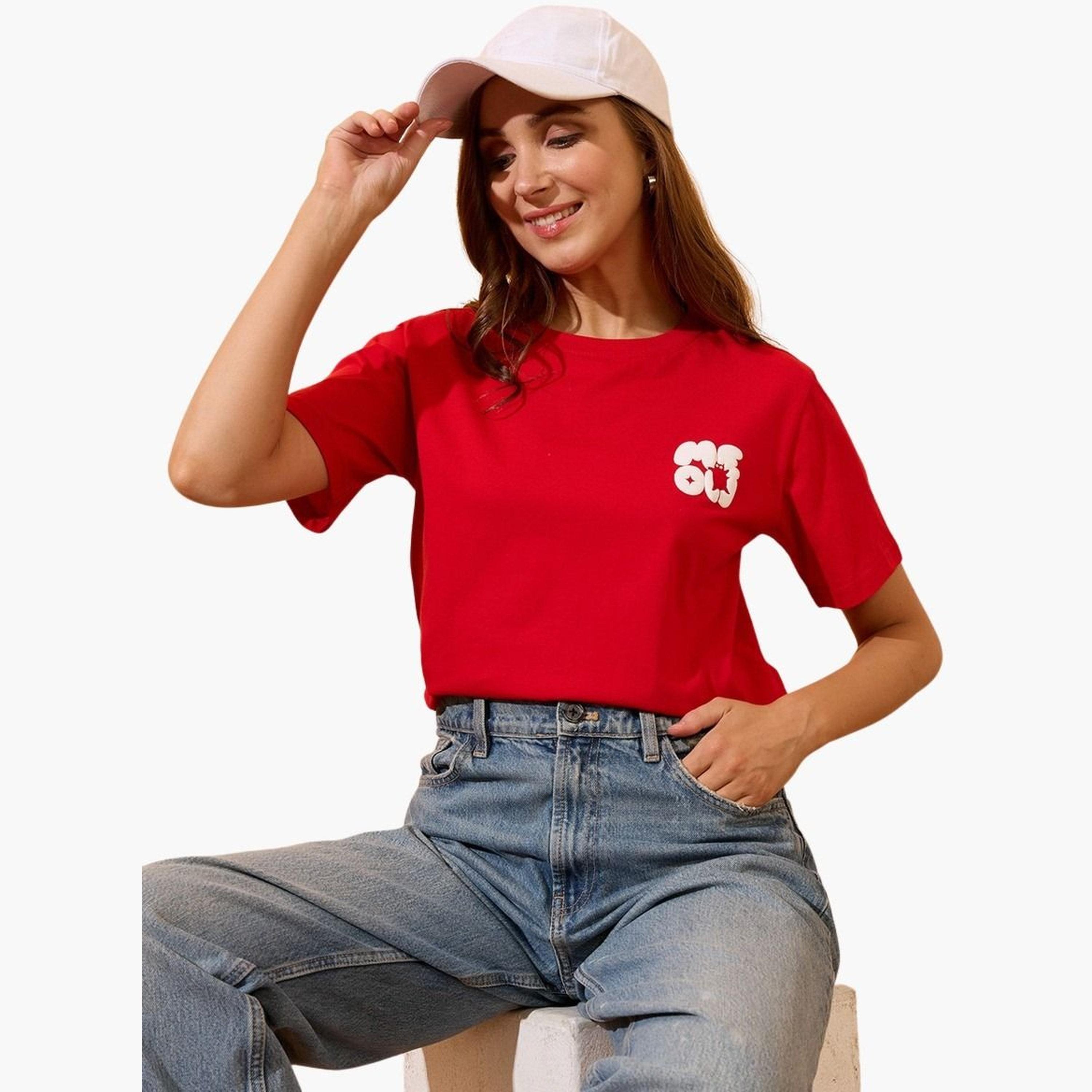 غلوبوس × ستايلي - تي شيرت أحمر تصميم واسع نقشة جرافيكية ورقبة مستديرة للنساء-women-clothing-tshirts-image-6