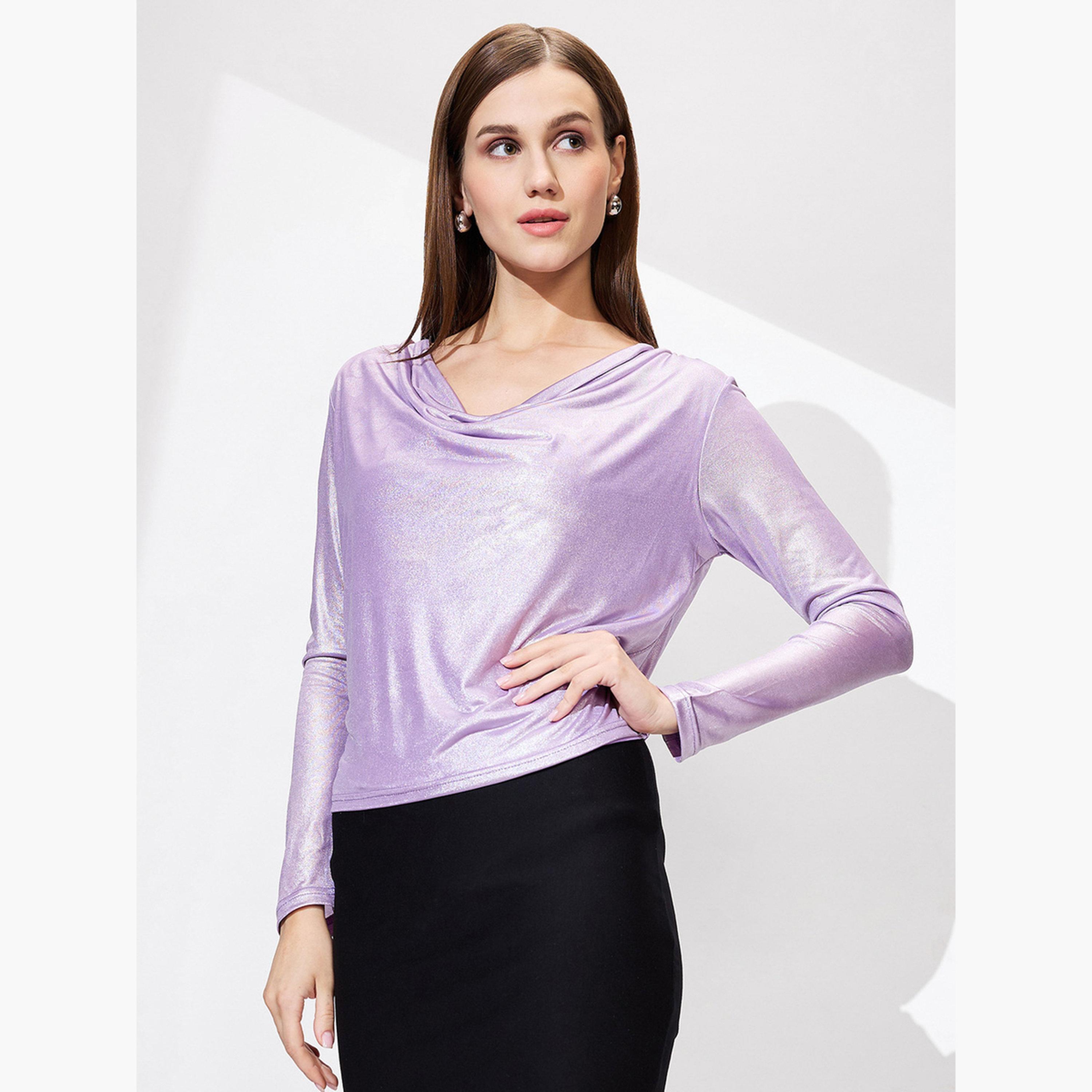غلوبوس × ستايلي - بلوزة لون لافندر بأكمام طويلة وياقة دائرية للنساء-women-clothing-tshirts-image-1