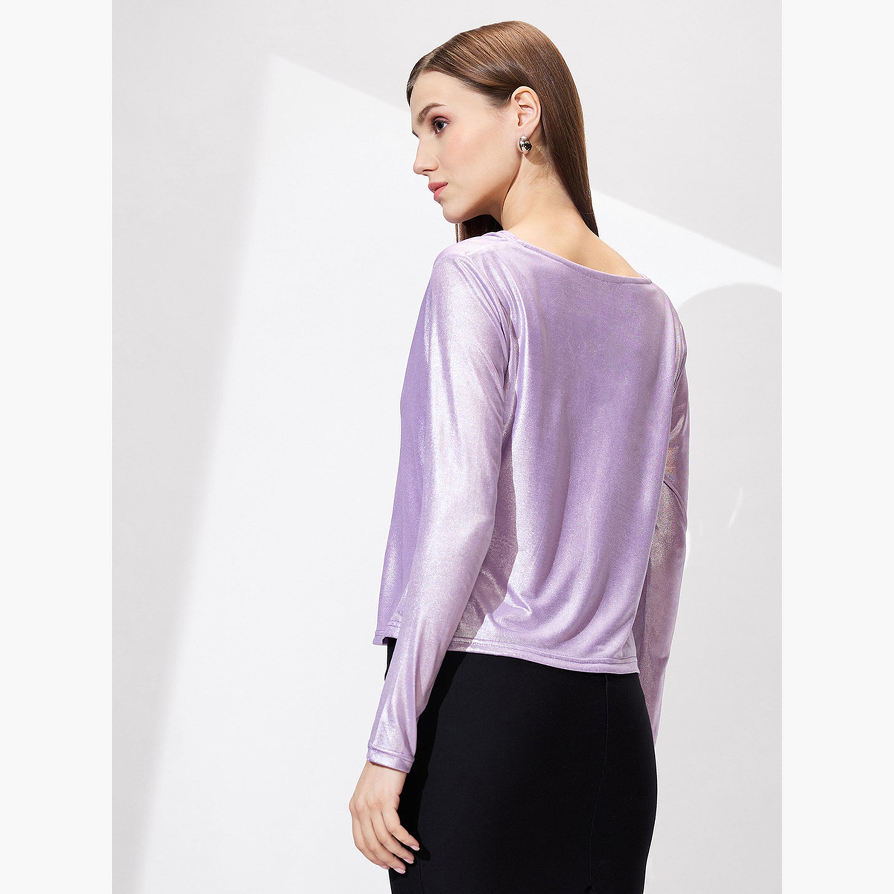 غلوبوس × ستايلي - بلوزة لون لافندر بأكمام طويلة وياقة دائرية للنساء-women-clothing-tshirts-image-3