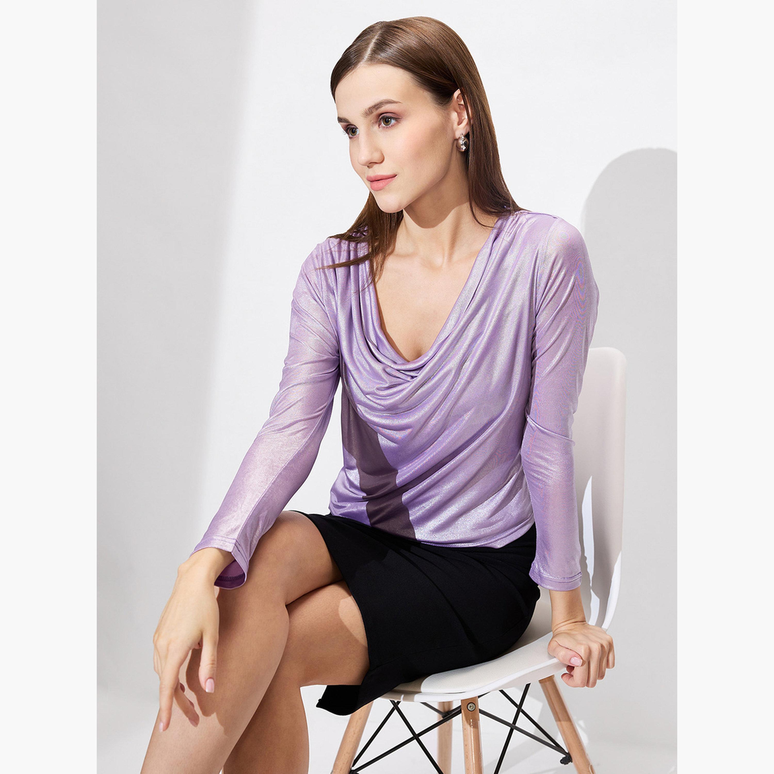 غلوبوس × ستايلي - بلوزة لون لافندر بأكمام طويلة وياقة دائرية للنساء-women-clothing-tshirts-image-6