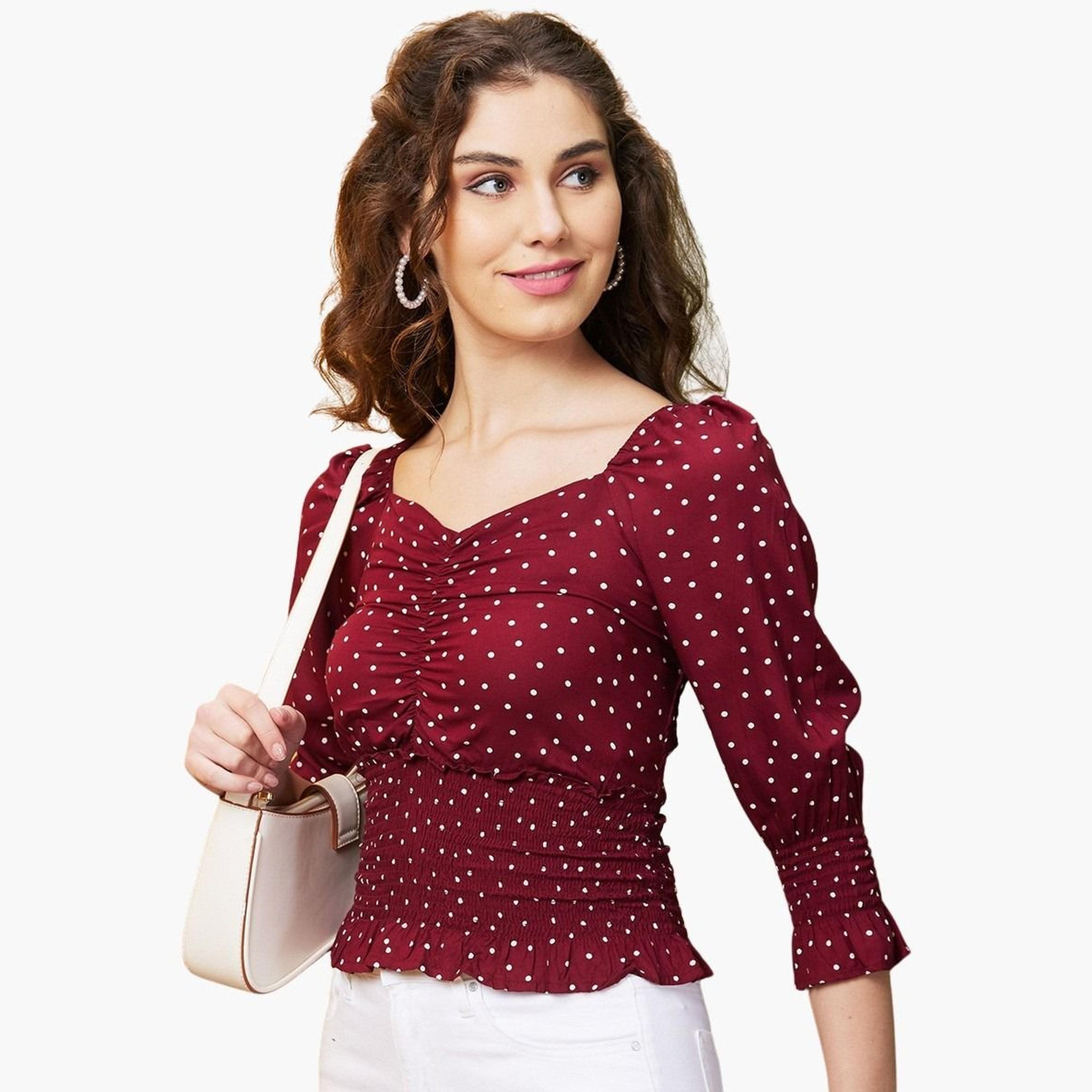 غلوبوس × ستايلي - بلوزة مارون منقط بفتحة على شكل قلب للنساء-women-clothing-tshirts-image-1