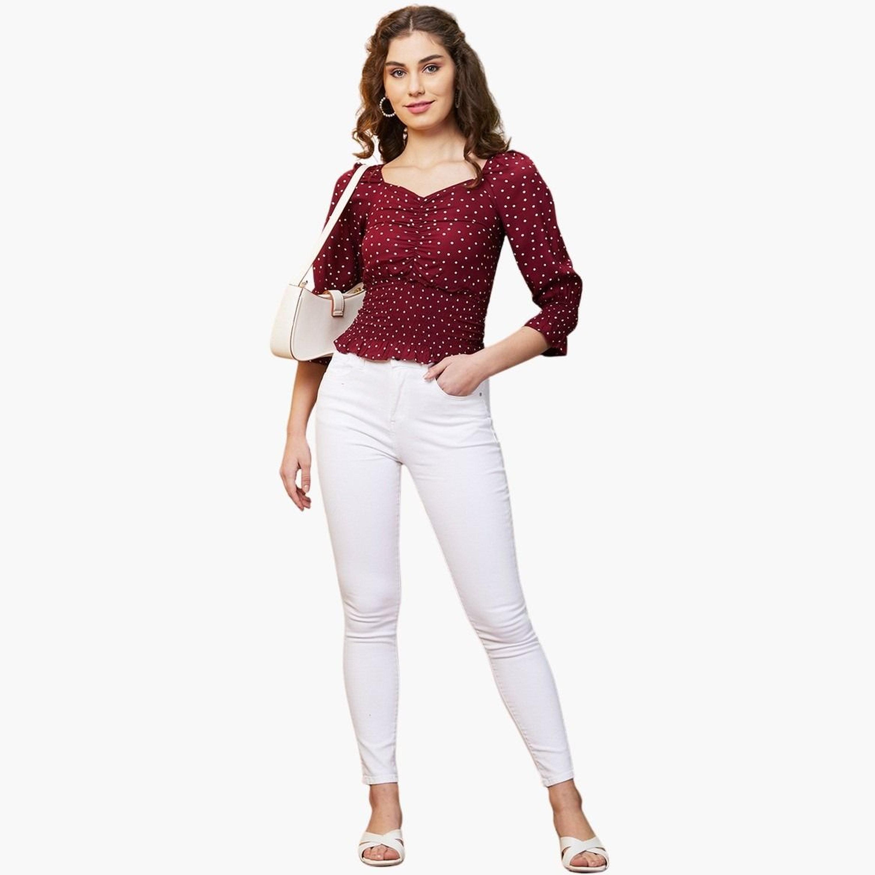غلوبوس × ستايلي - بلوزة مارون منقط بفتحة على شكل قلب للنساء-women-clothing-tshirts-image-2