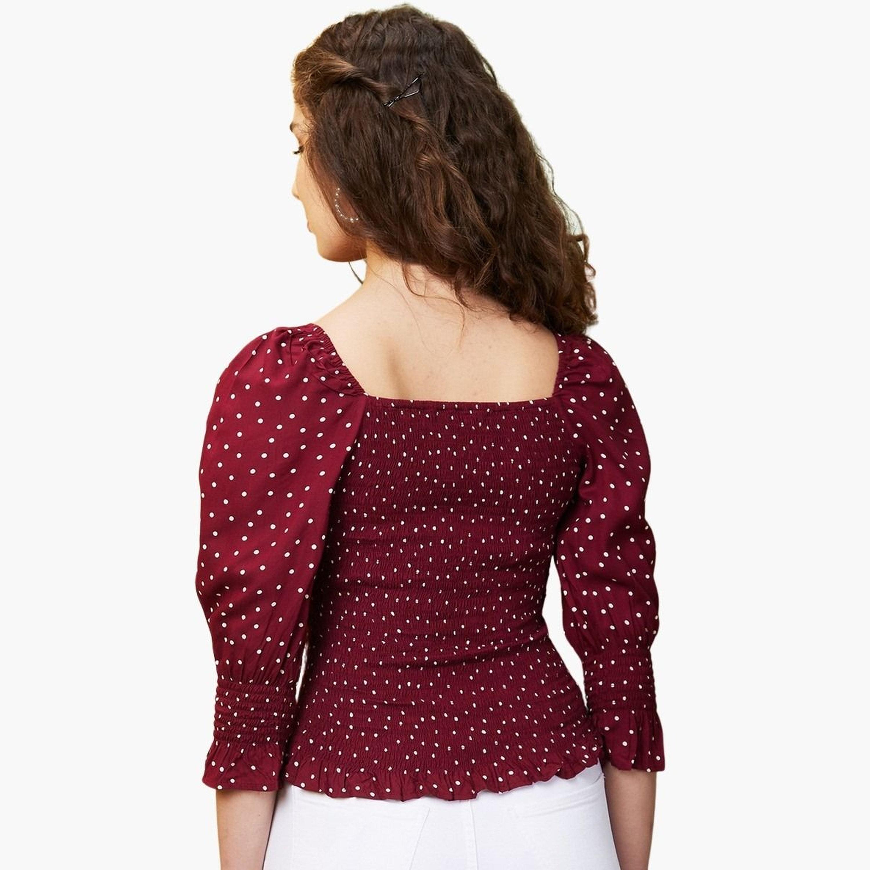 Globus X Styli Women Maroon Polka Dots Sweetheart Neck Top-women-clothing-tshirts-image-3