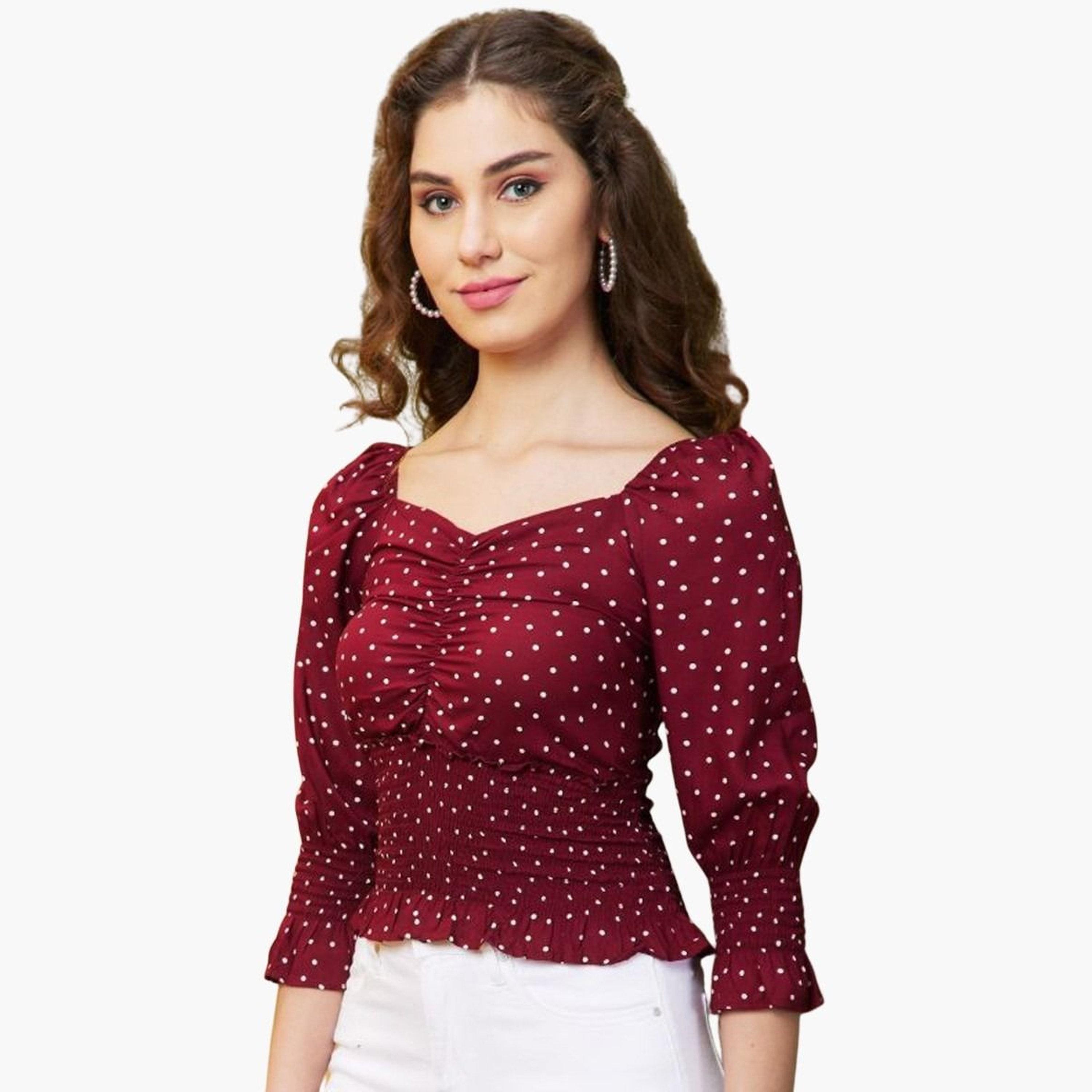 Globus X Styli Women Maroon Polka Dots Sweetheart Neck Top-women-clothing-tshirts-image-5