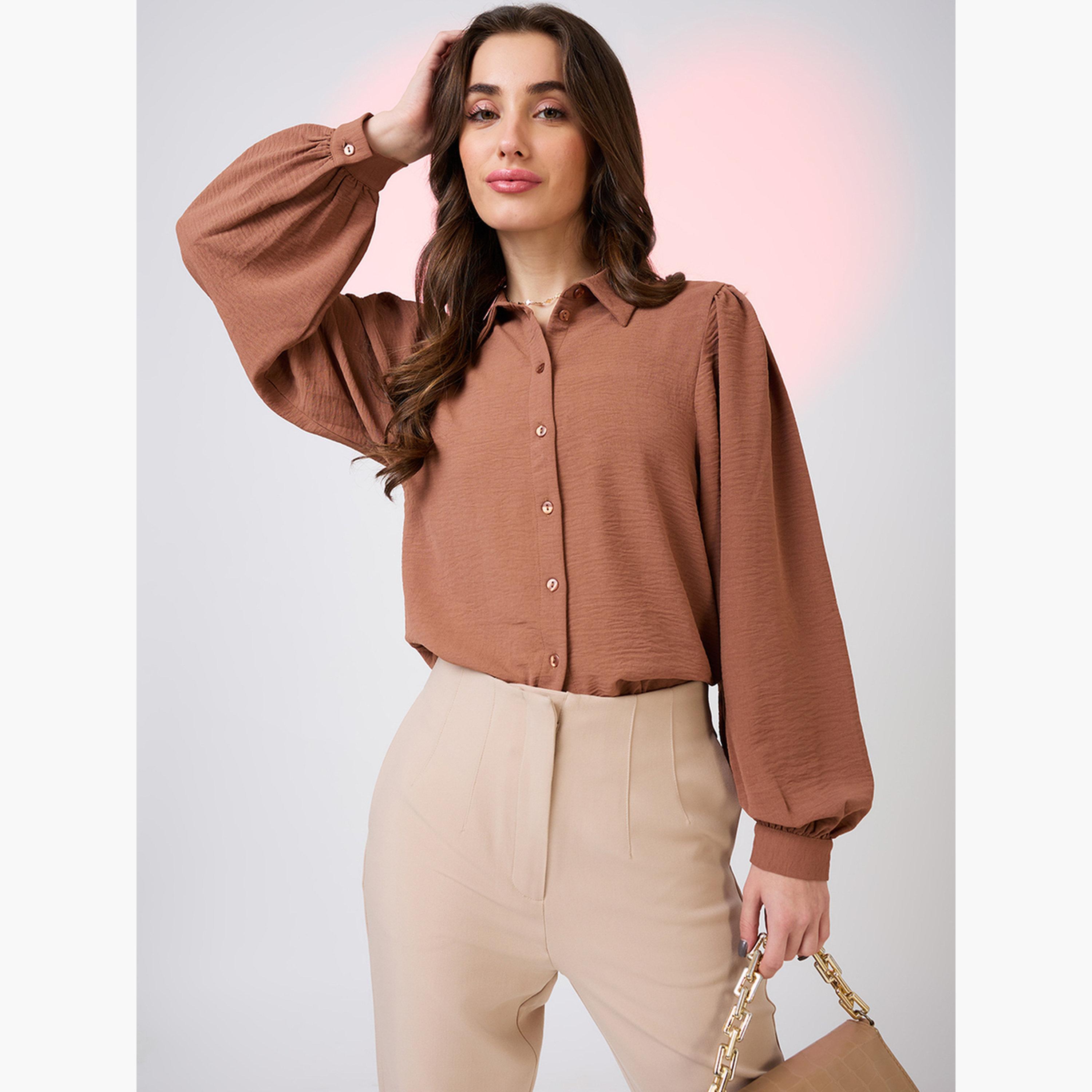 غلوبوس × ستايلي - قميص بني بأكمام منفوخة للنساء-women-clothing-shirtsandblouses-shirts-image-1