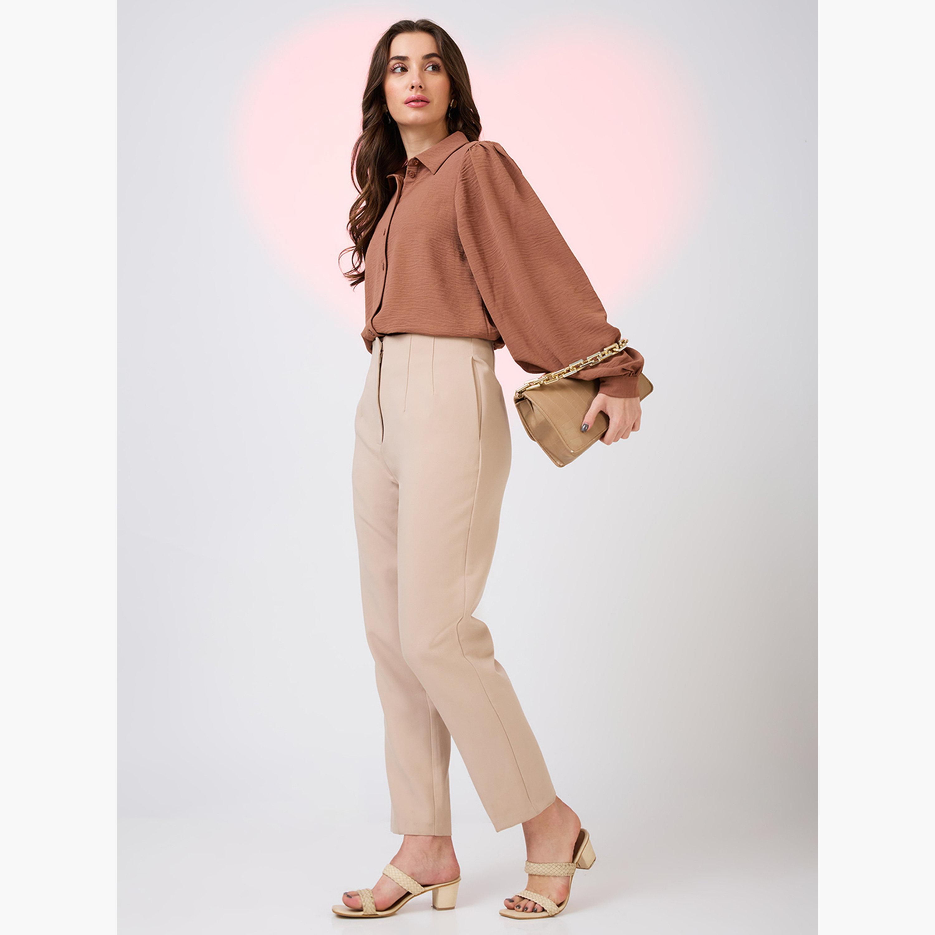 غلوبوس × ستايلي - قميص بني بأكمام منفوخة للنساء-women-clothing-shirtsandblouses-shirts-image-2