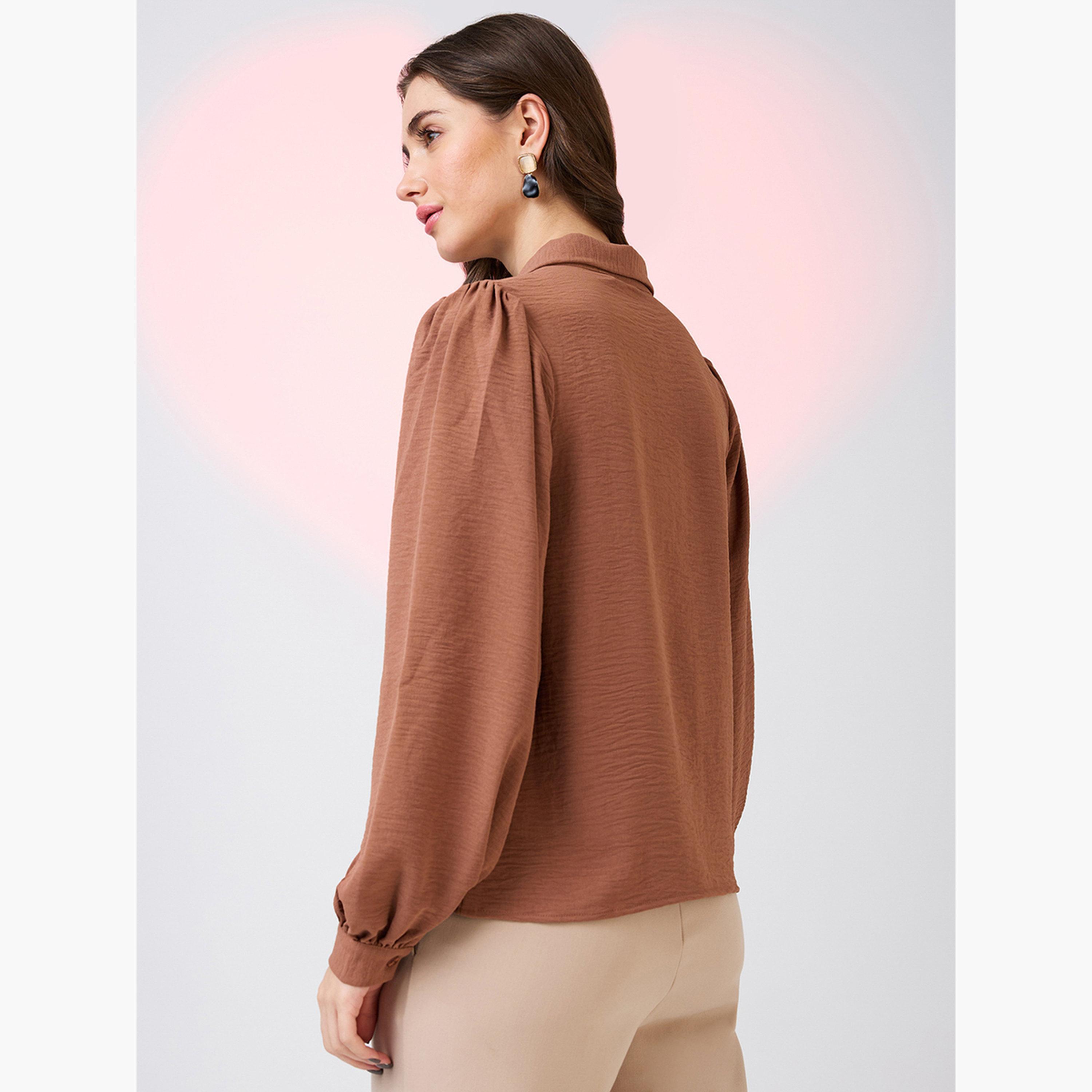 غلوبوس × ستايلي - قميص بني بأكمام منفوخة للنساء-women-clothing-shirtsandblouses-shirts-image-3