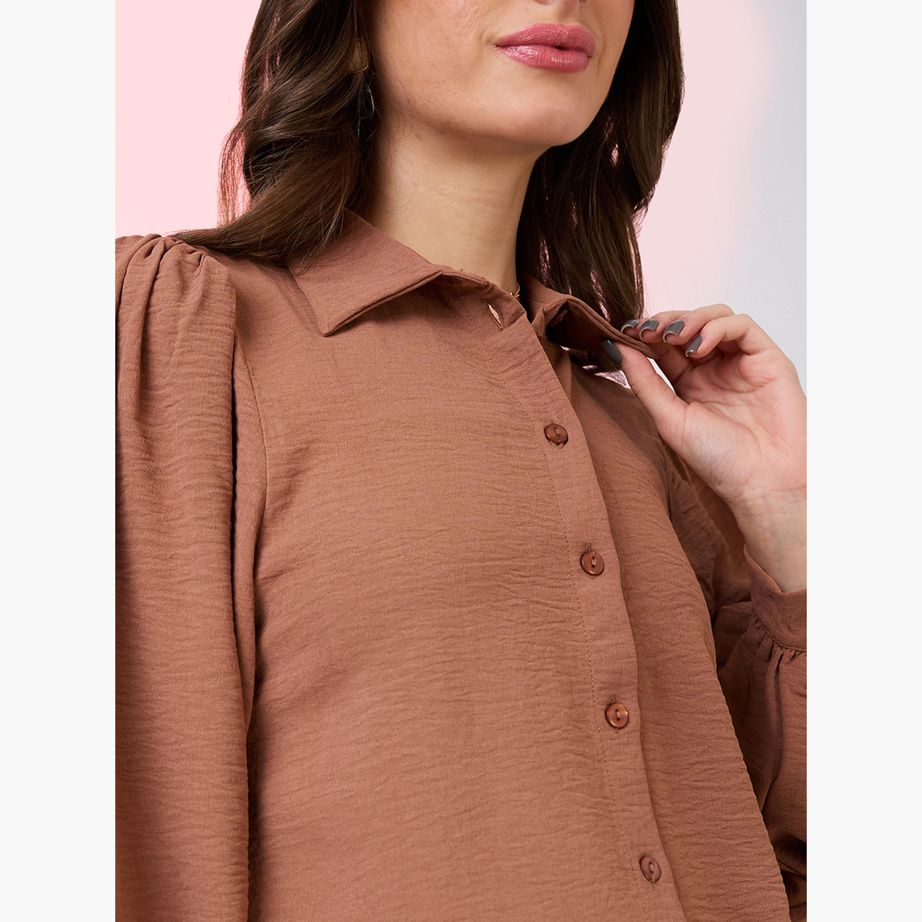 غلوبوس × ستايلي - قميص بني بأكمام منفوخة للنساء-women-clothing-shirtsandblouses-shirts-image-4