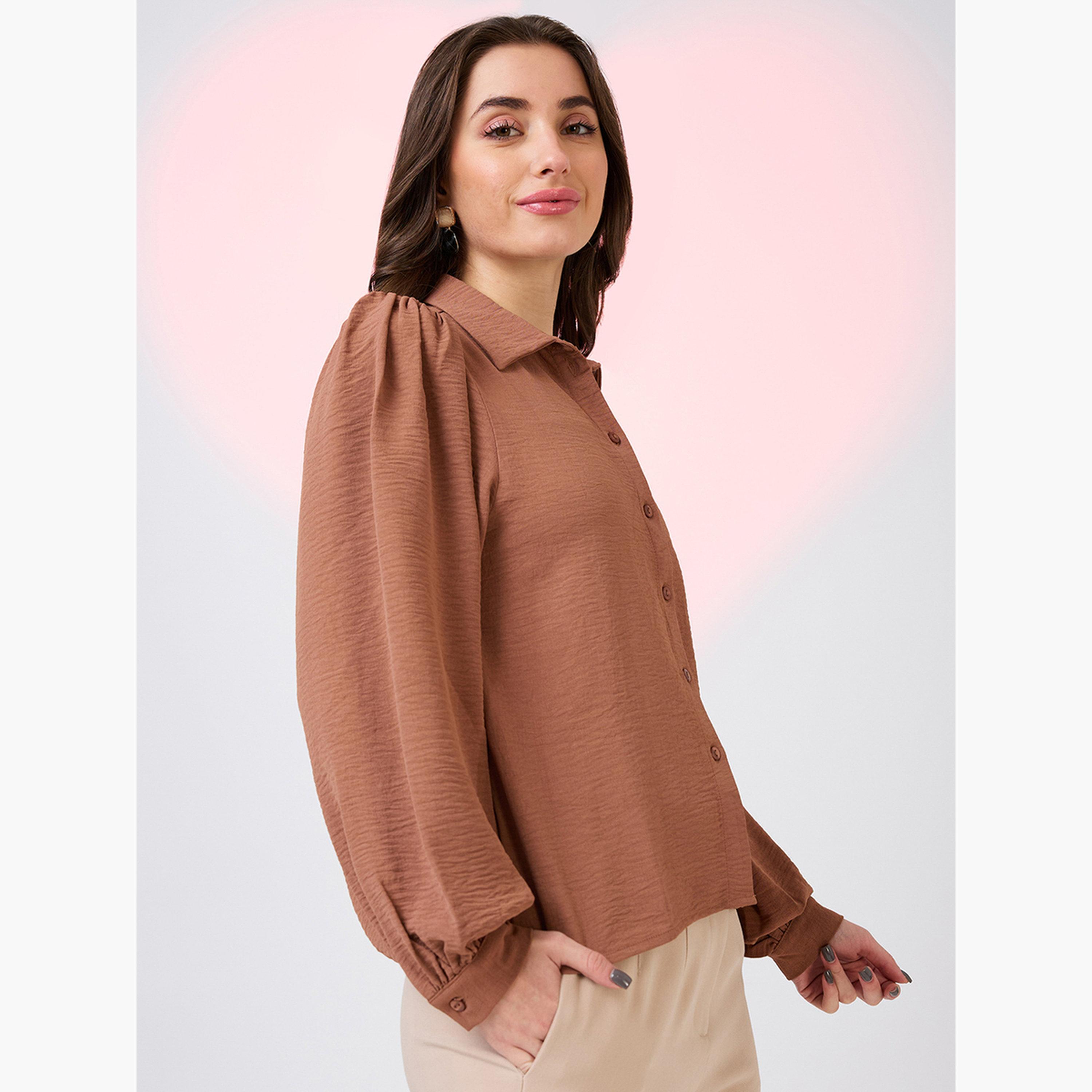 غلوبوس × ستايلي - قميص بني بأكمام منفوخة للنساء-women-clothing-shirtsandblouses-shirts-image-5