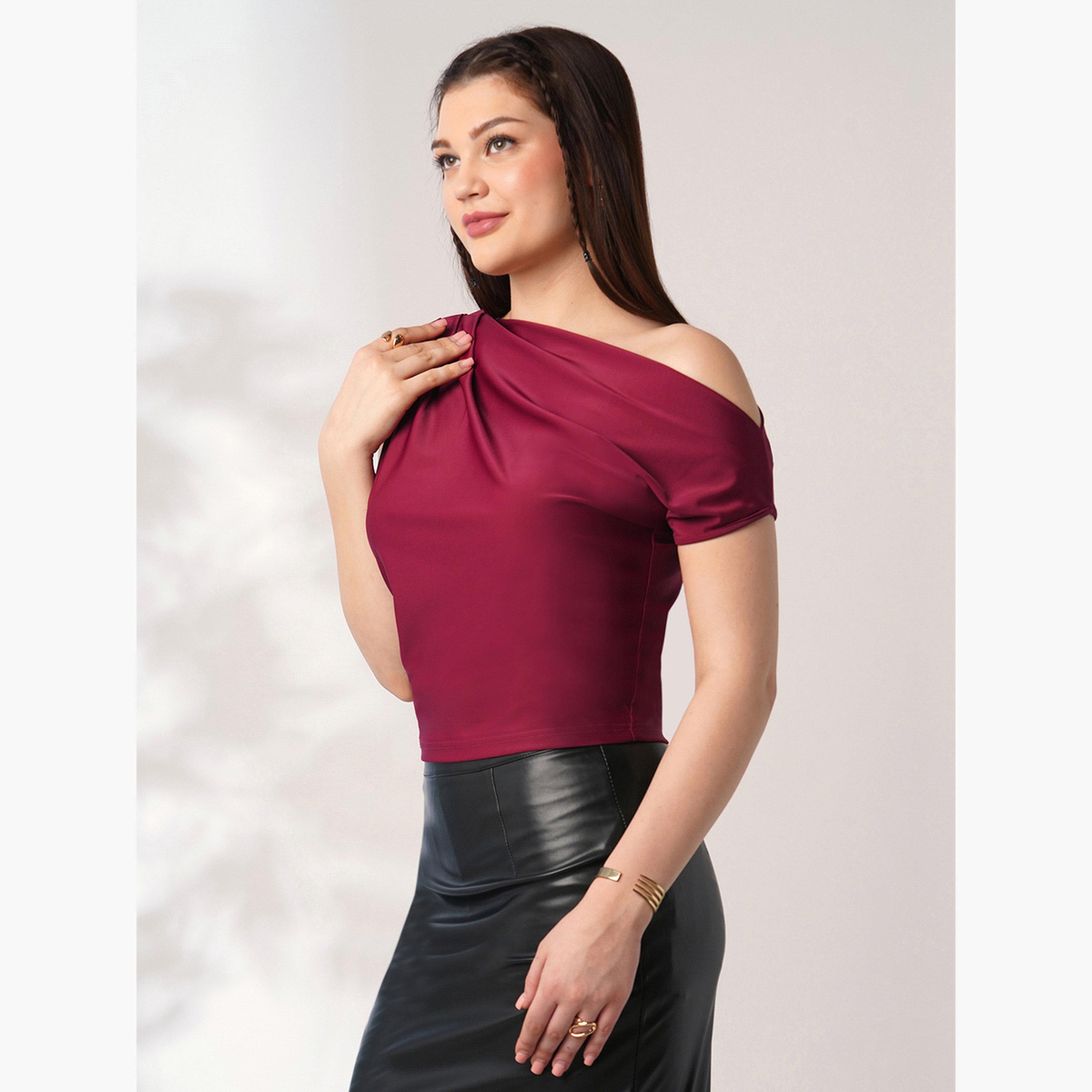 Globus X Styli Women Maroon One Shoulder Top-women-clothing-tshirts-image-5