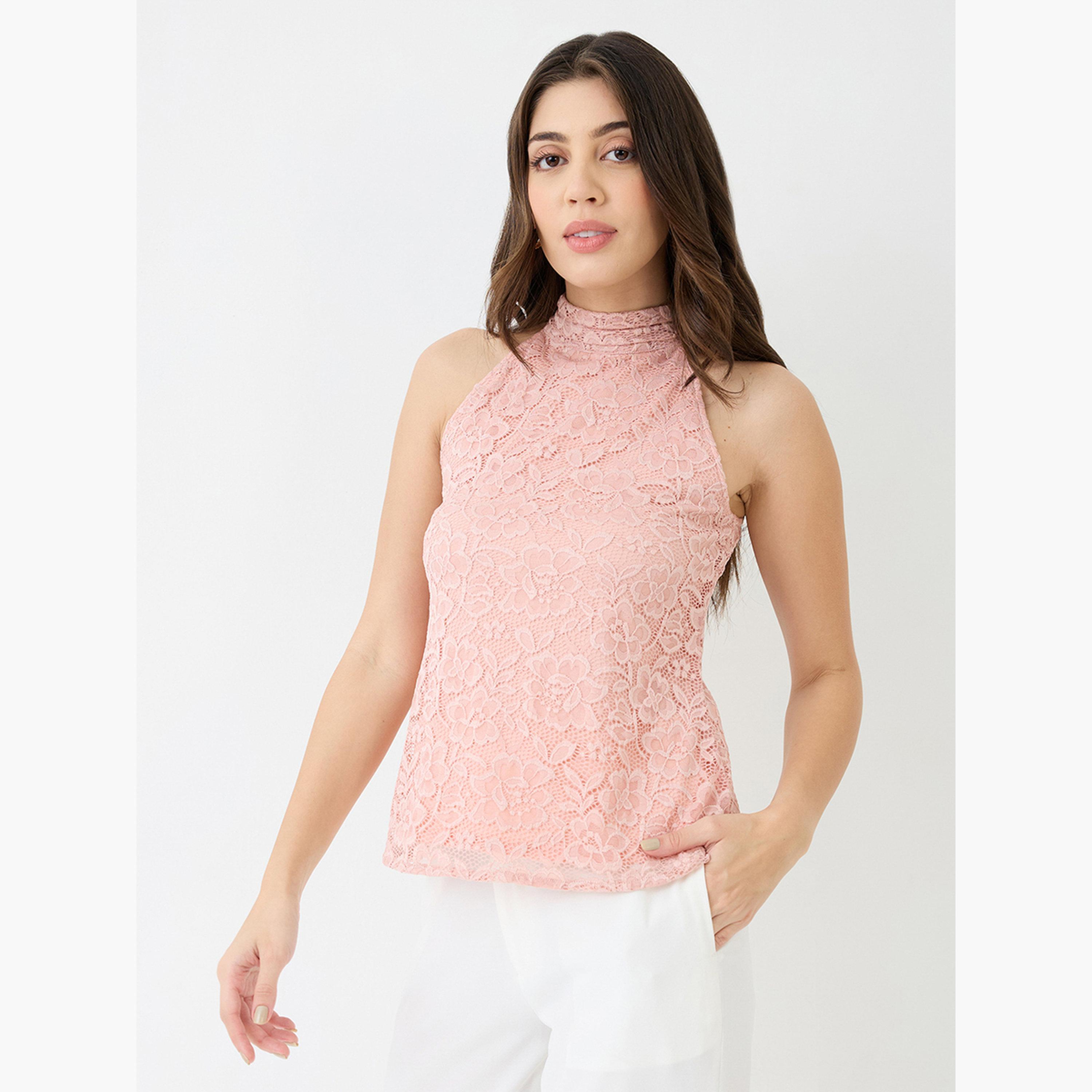 Globus X Styli Women Pink Floral Lace Sleeveless Top-women-clothing-tshirts-image-1