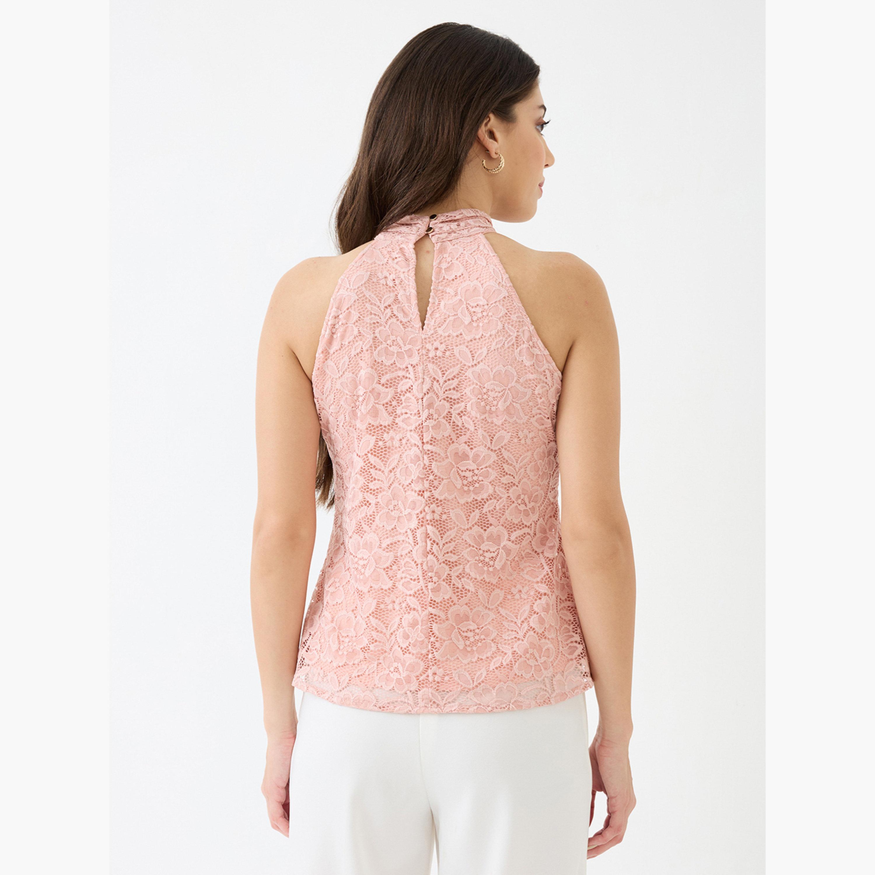 Globus X Styli Women Pink Floral Lace Sleeveless Top-women-clothing-tshirts-image-3
