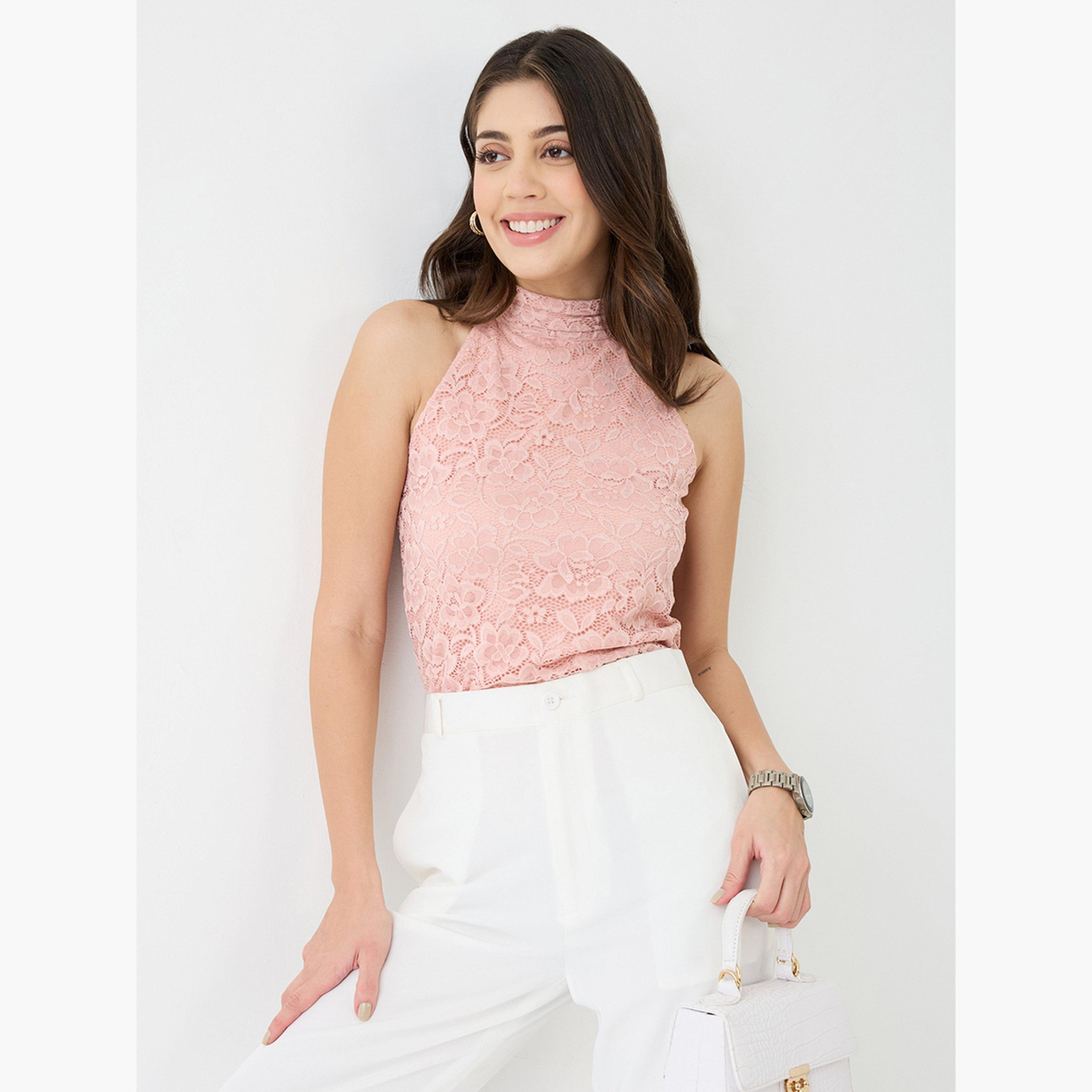 غلوبوس × ستايلي - بلوزة بدون أكمام من الدانتيل الوردي المزهر للنساء-women-clothing-tshirts-image-5
