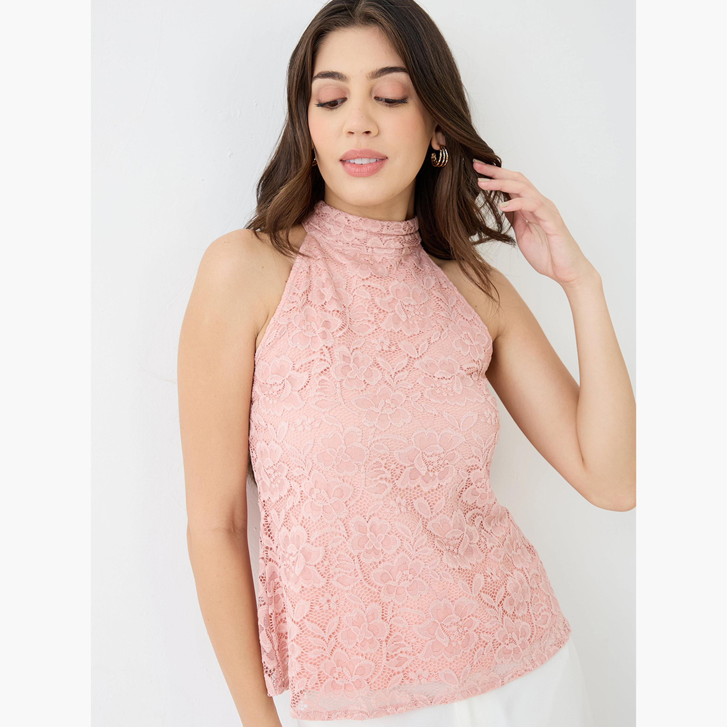 Globus X Styli Women Pink Floral Lace Sleeveless Top-women-clothing-tshirts-image-6