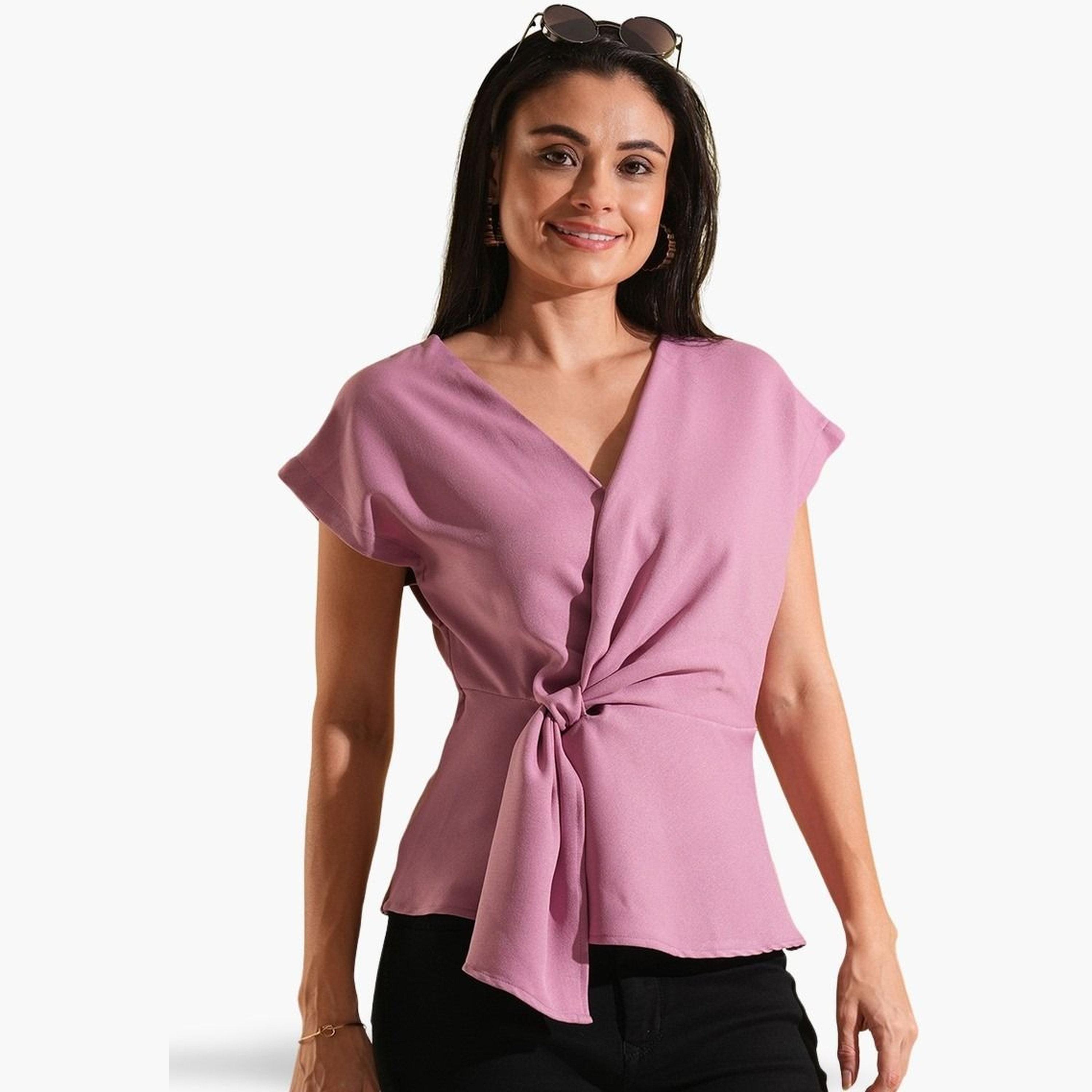 غلوبوص × ستايلي - بلوزة وردية باهتة برقبة حرف V وتفاصيل ملتوية-women-clothing-shirtsandblouses-blouses-image-1