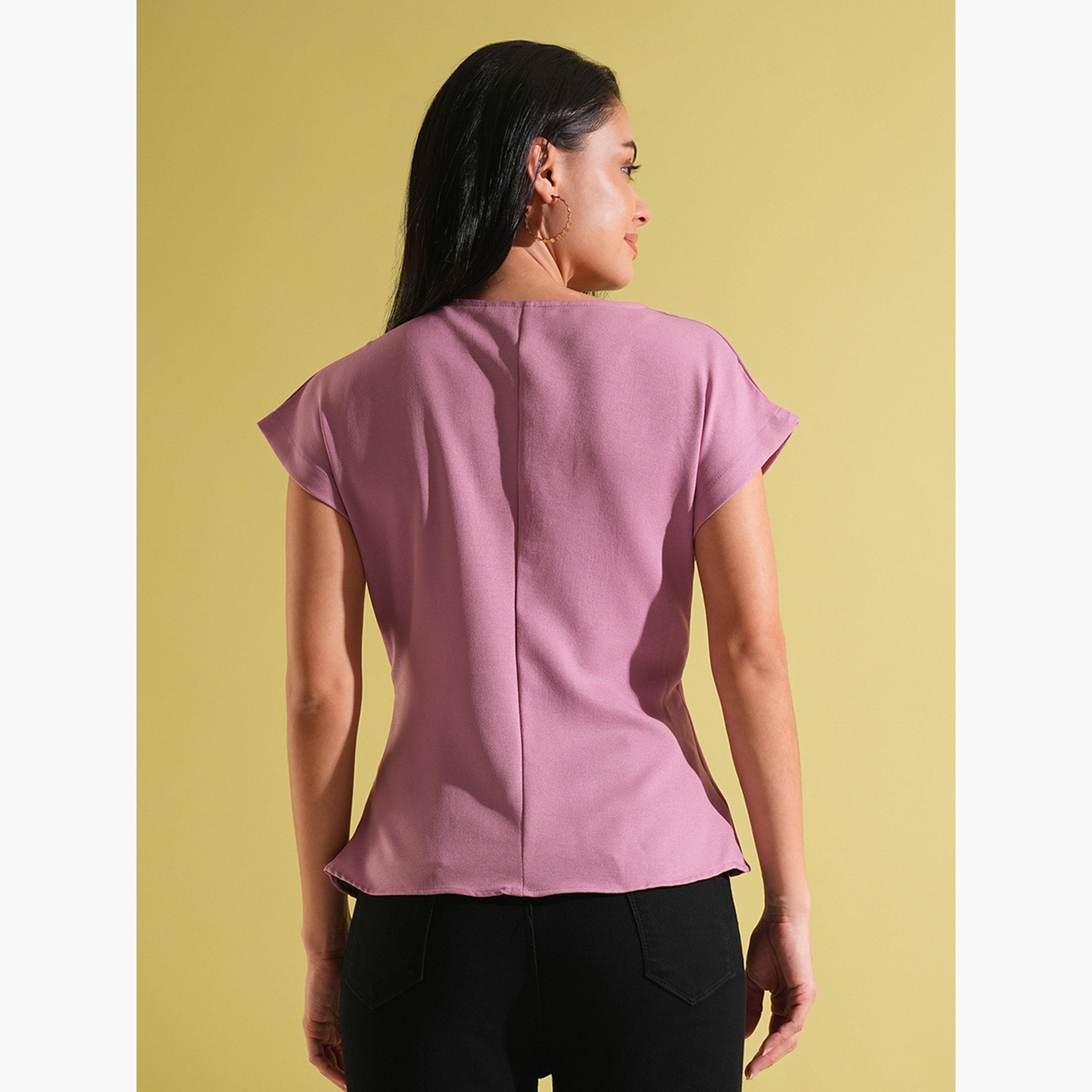 غلوبوص × ستايلي - بلوزة وردية باهتة برقبة حرف V وتفاصيل ملتوية-women-clothing-shirtsandblouses-blouses-image-3