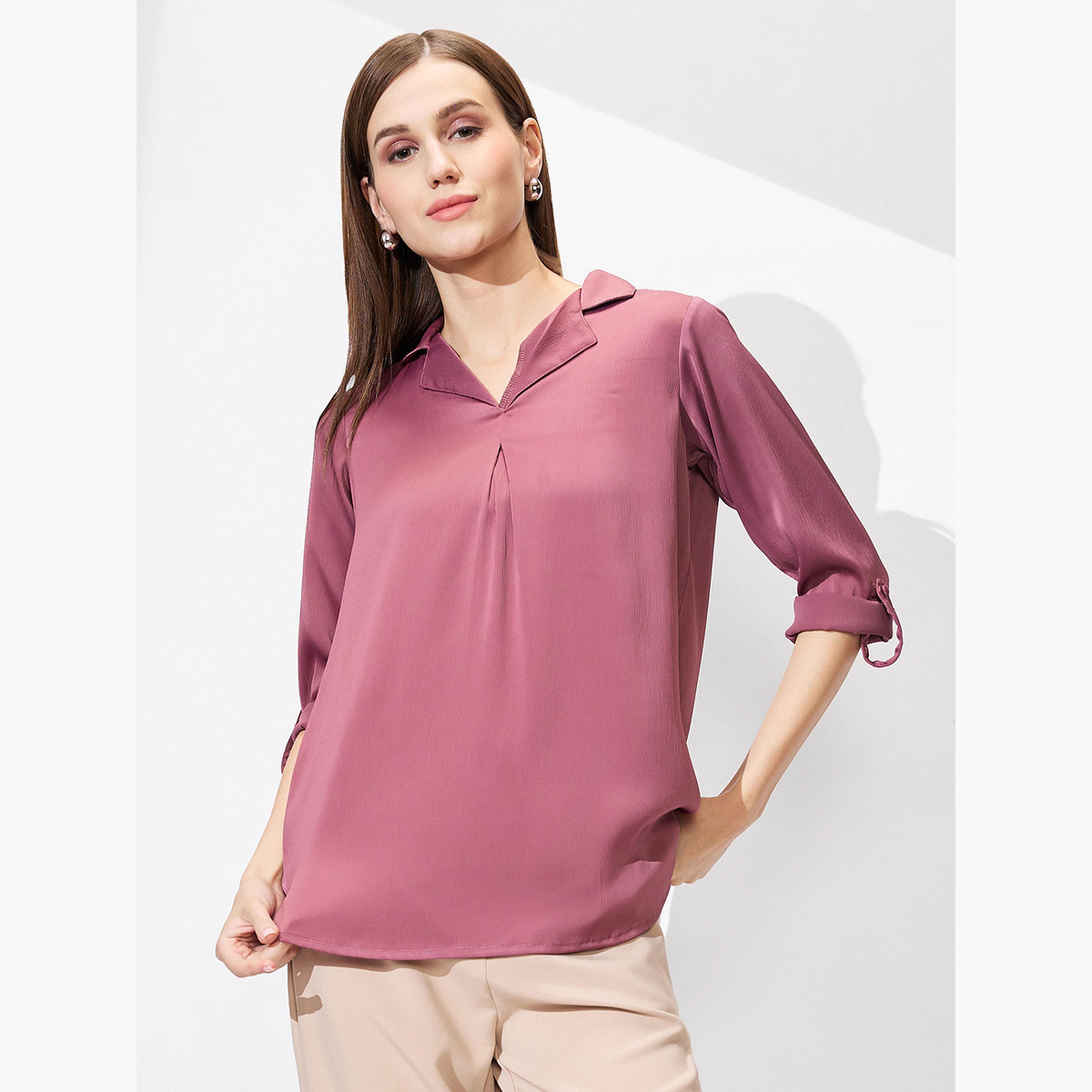 غلوبوس × ستايلي - بلوزة ساتان سادة بأكمام مطوية باللون الوردي للنساء-women-clothing-tshirts-image-1