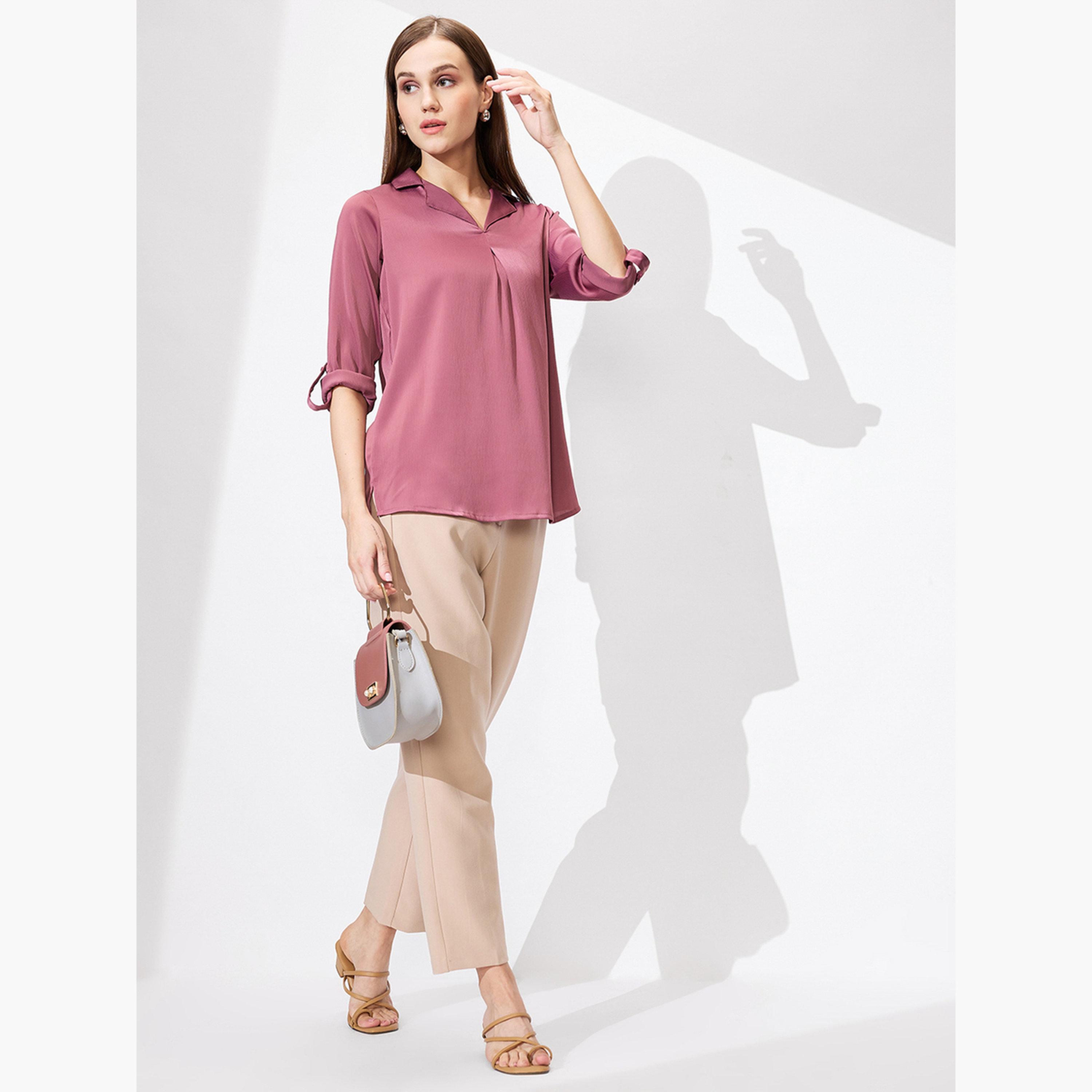 غلوبوس × ستايلي - بلوزة ساتان سادة بأكمام مطوية باللون الوردي للنساء-women-clothing-tshirts-image-2