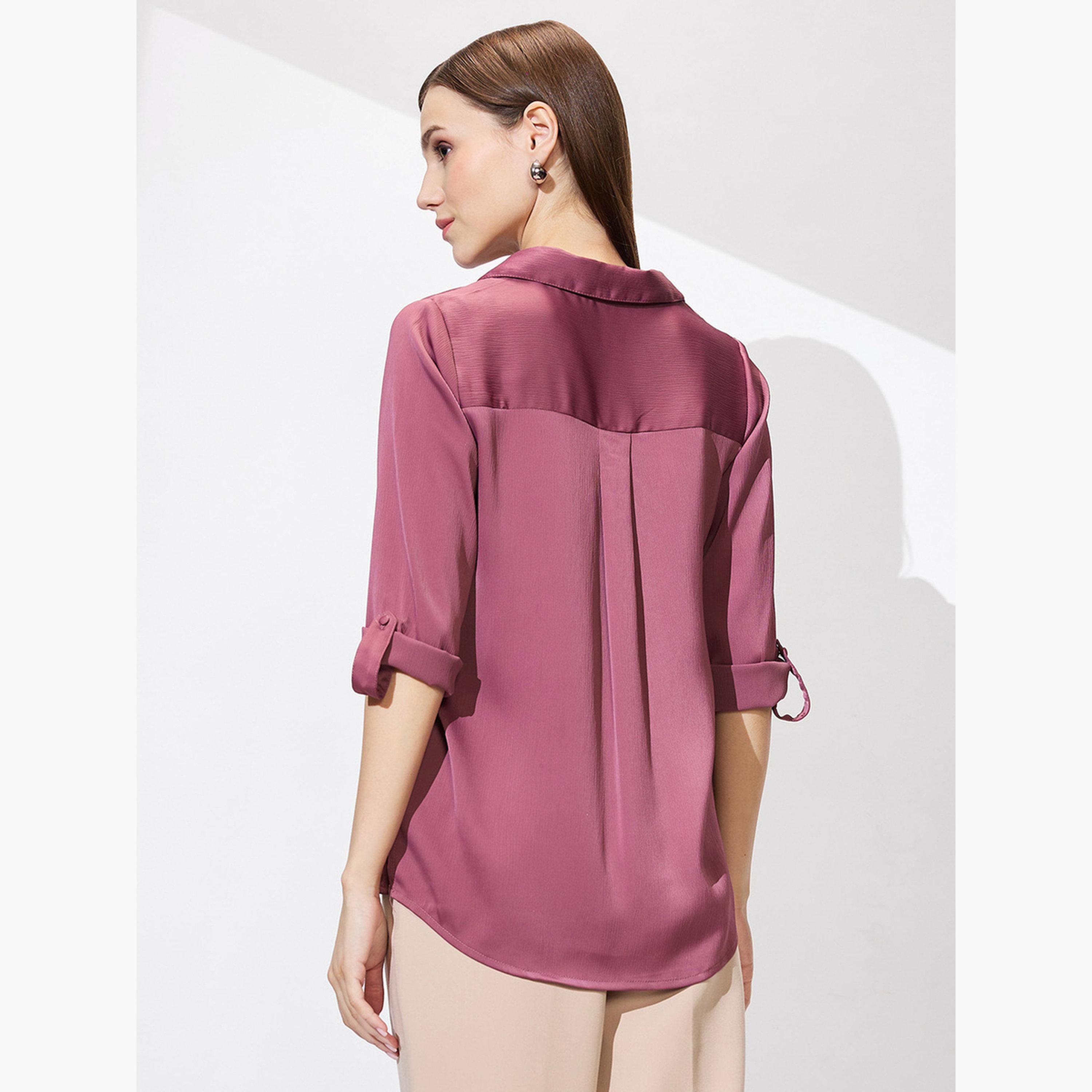 غلوبوس × ستايلي - بلوزة ساتان سادة بأكمام مطوية باللون الوردي للنساء-women-clothing-tshirts-image-3