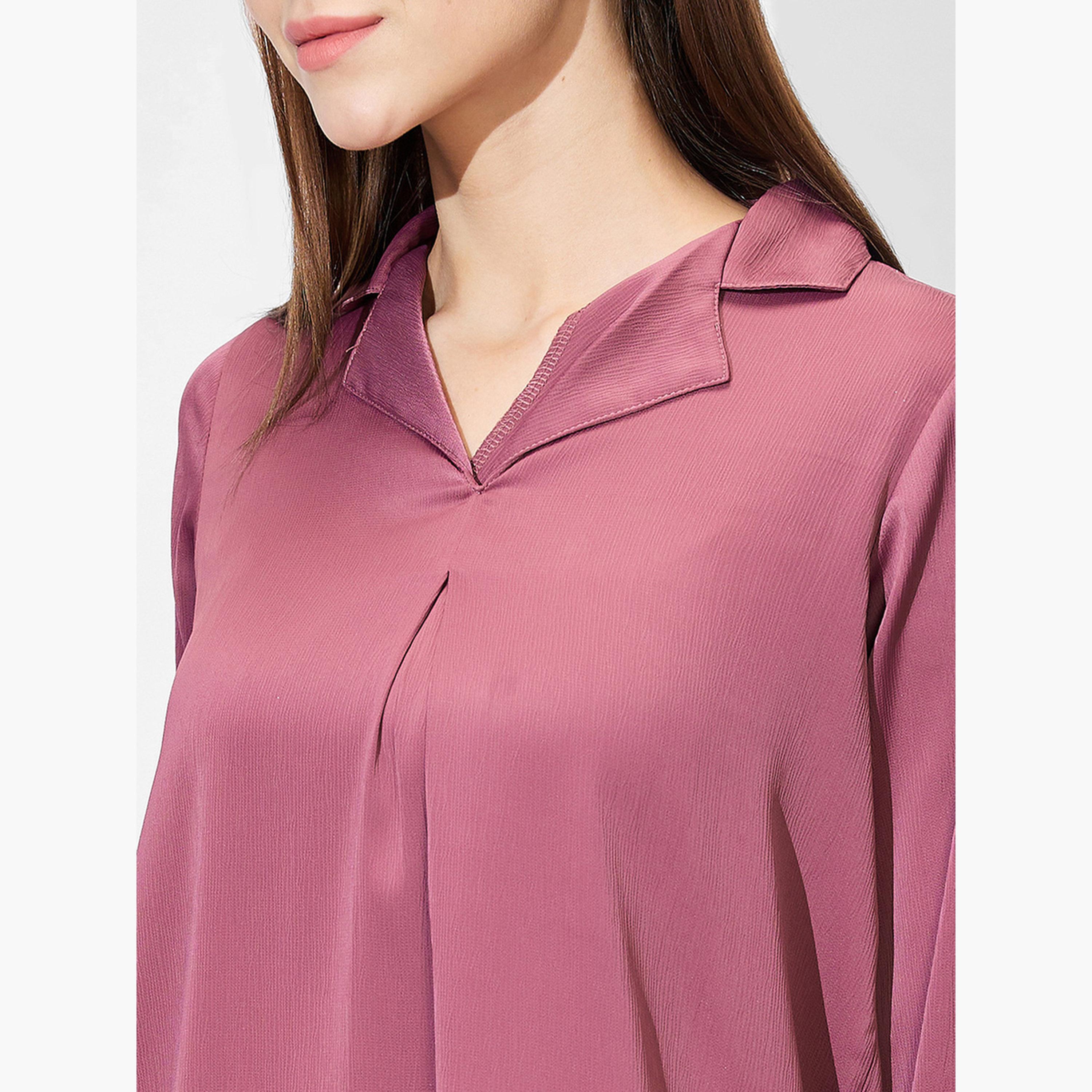 غلوبوس × ستايلي - بلوزة ساتان سادة بأكمام مطوية باللون الوردي للنساء-women-clothing-tshirts-image-4