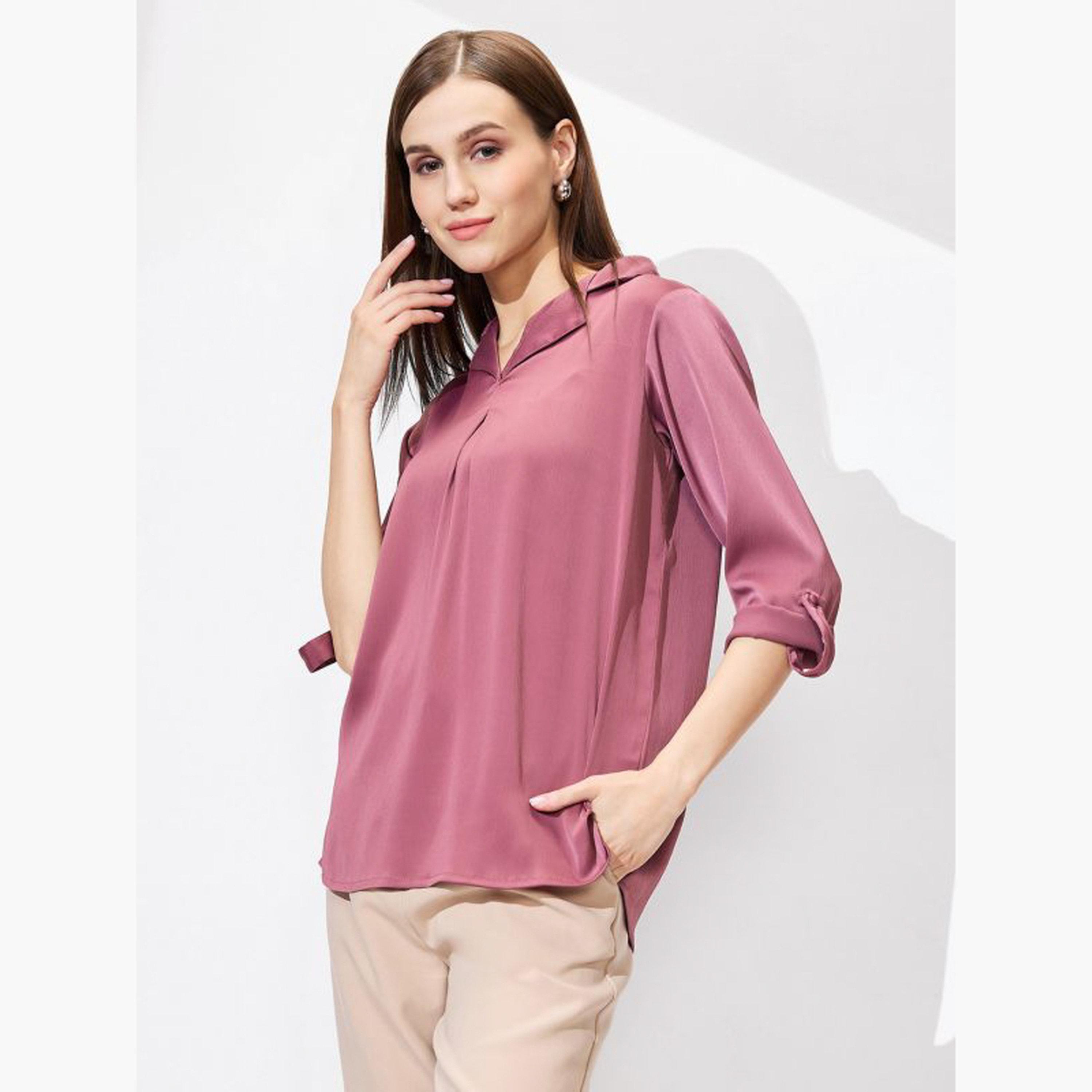 غلوبوس × ستايلي - بلوزة ساتان سادة بأكمام مطوية باللون الوردي للنساء-women-clothing-tshirts-image-5