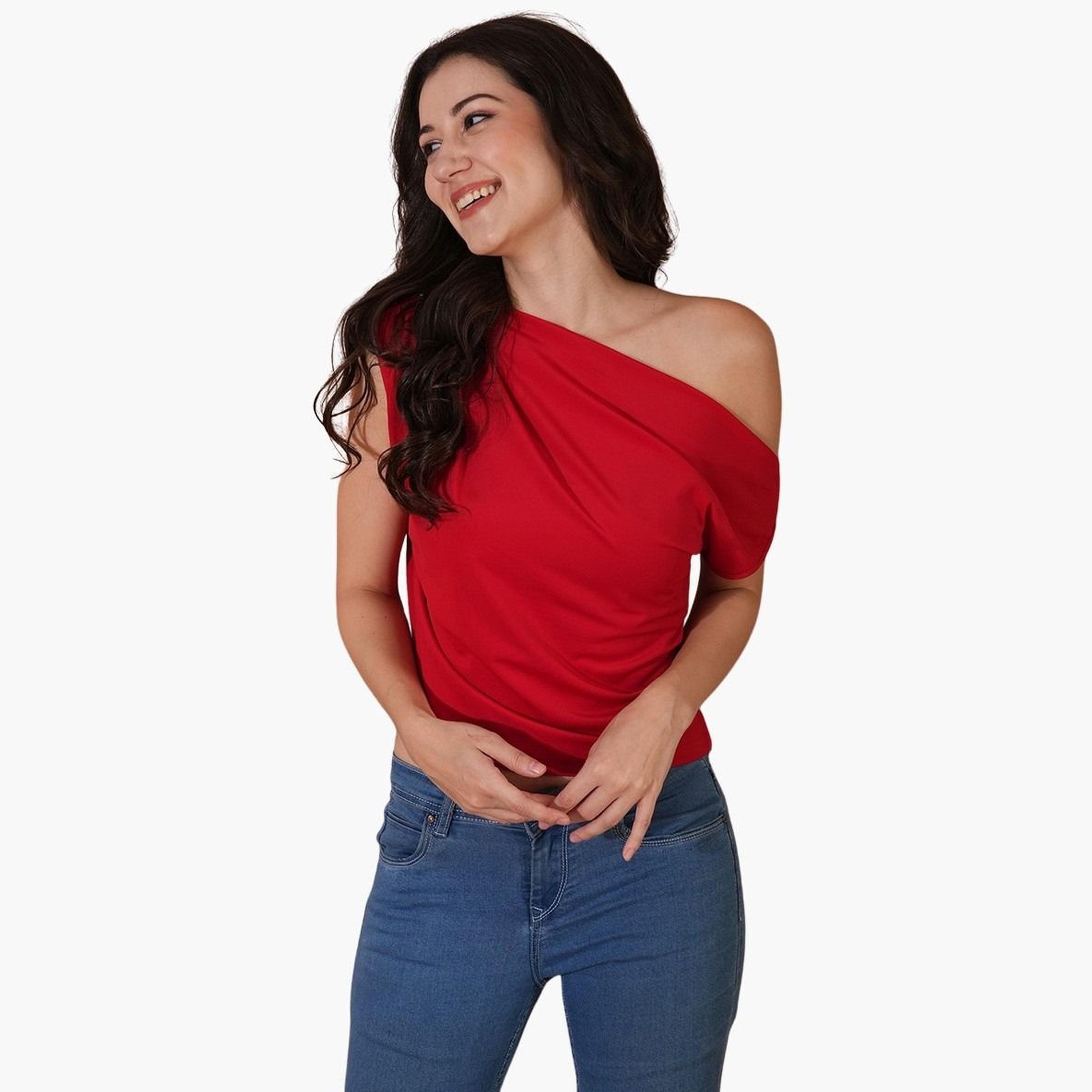 Globus X Styli Women Red One Shoulder Top-women-clothing-tshirts-image-1