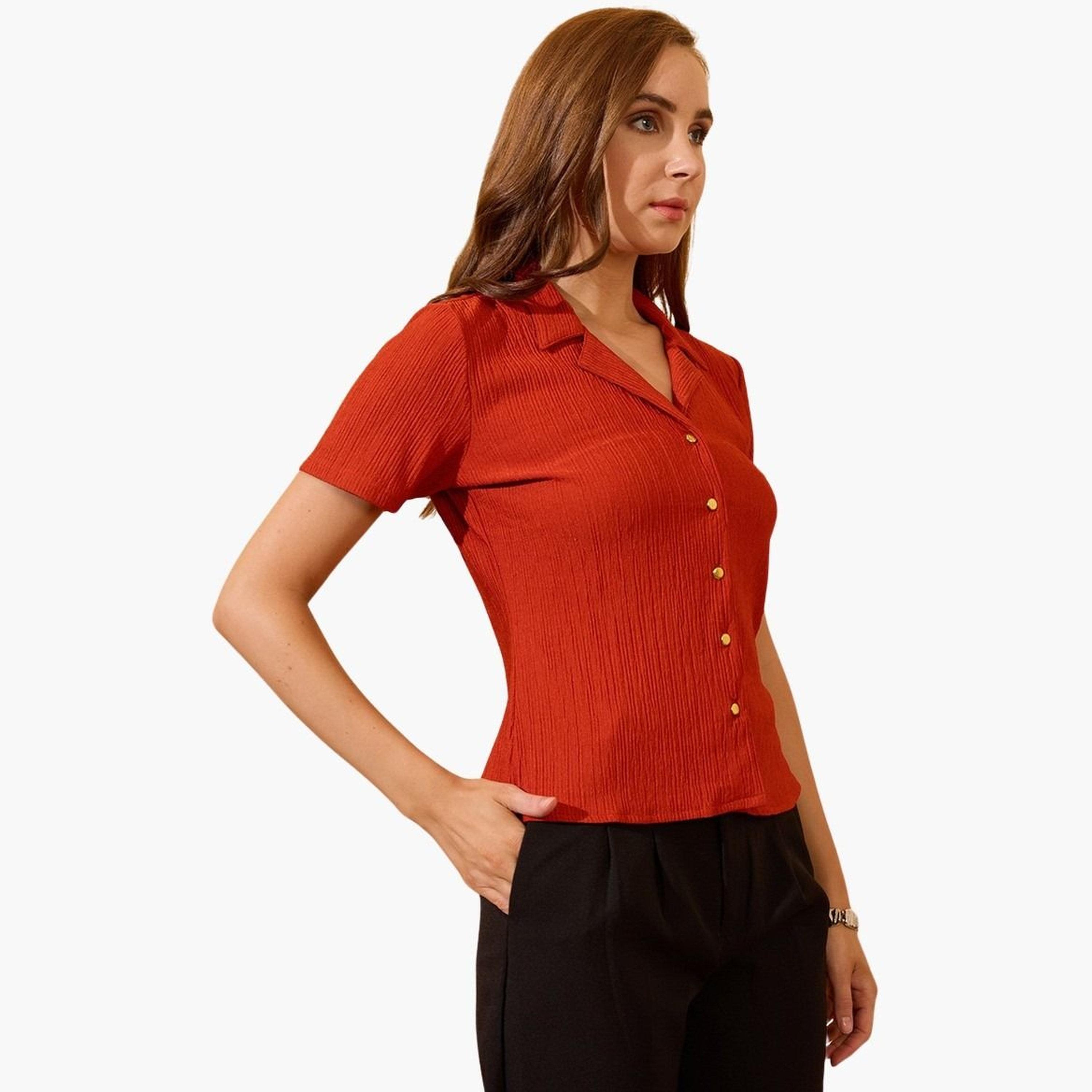 غلوبوس × ستايلي - قميص صدئ مضلع بأكمام قصيرة للنساء-women-clothing-shirtsandblouses-shirts-image-1