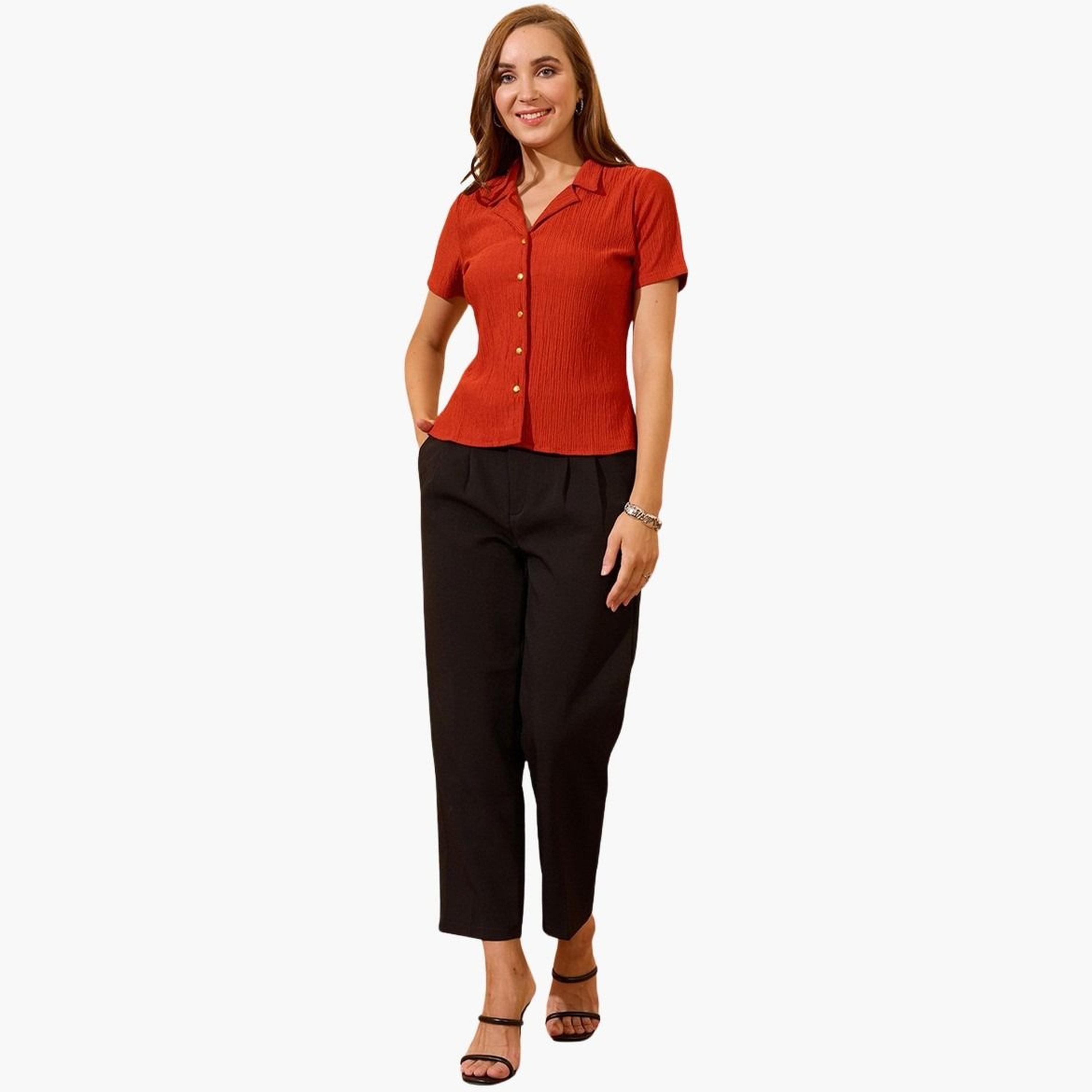 غلوبوس × ستايلي - قميص صدئ مضلع بأكمام قصيرة للنساء-women-clothing-shirtsandblouses-shirts-image-2
