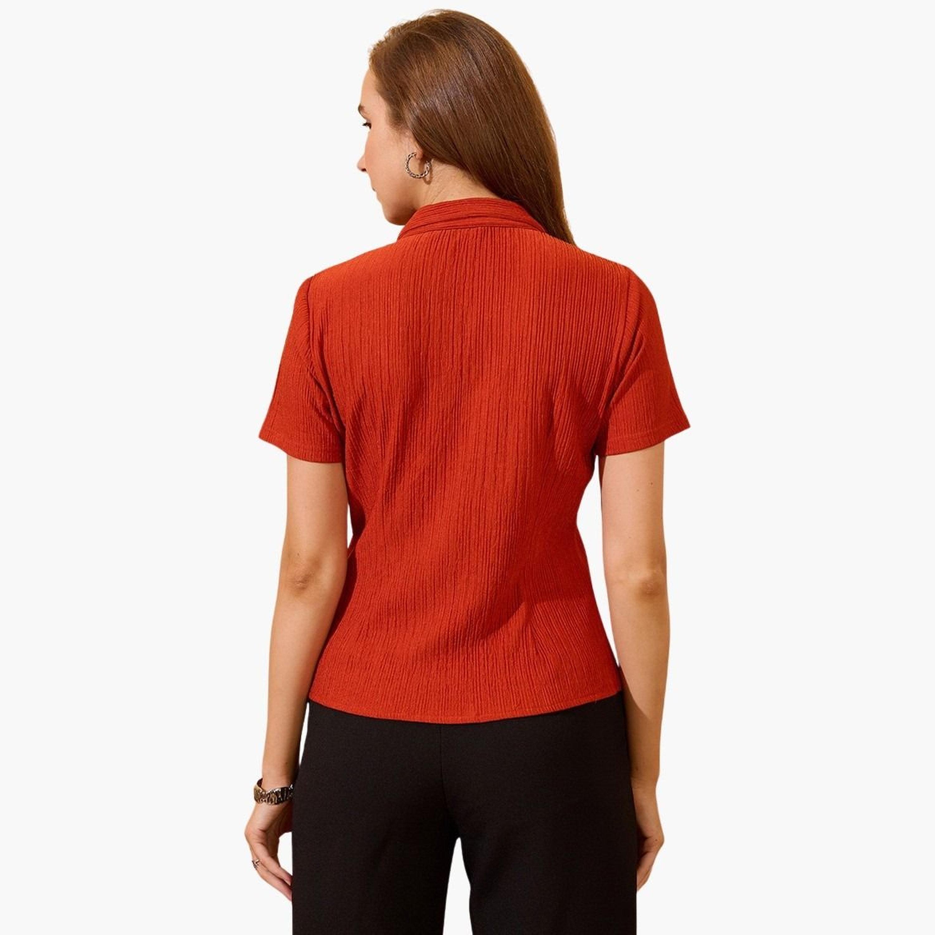 Globus X Styli Women Rust Ribbed Short Sleeve Shirt-women-clothing-shirtsandblouses-shirts-image-3