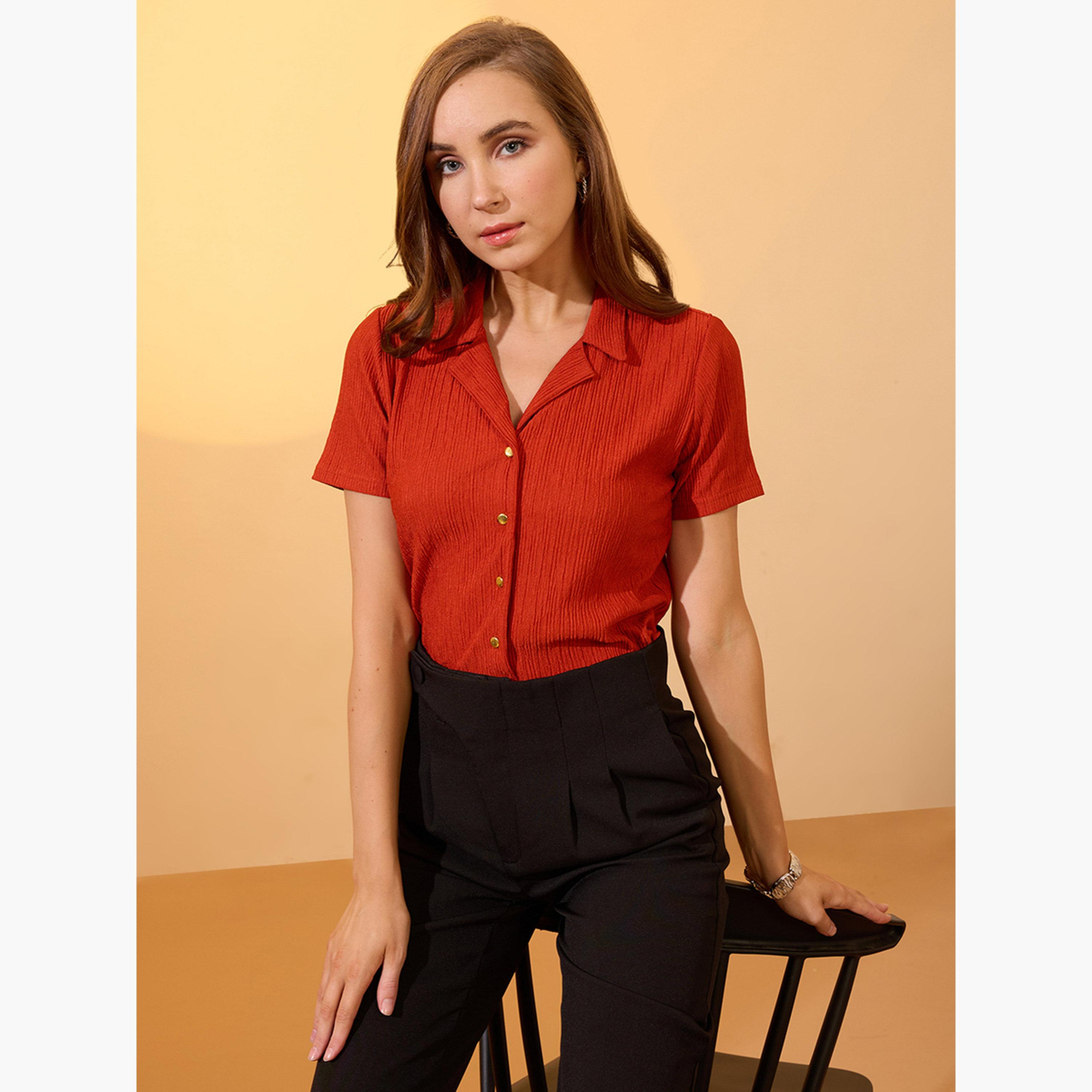 غلوبوس × ستايلي - قميص صدئ مضلع بأكمام قصيرة للنساء-women-clothing-shirtsandblouses-shirts-image-5