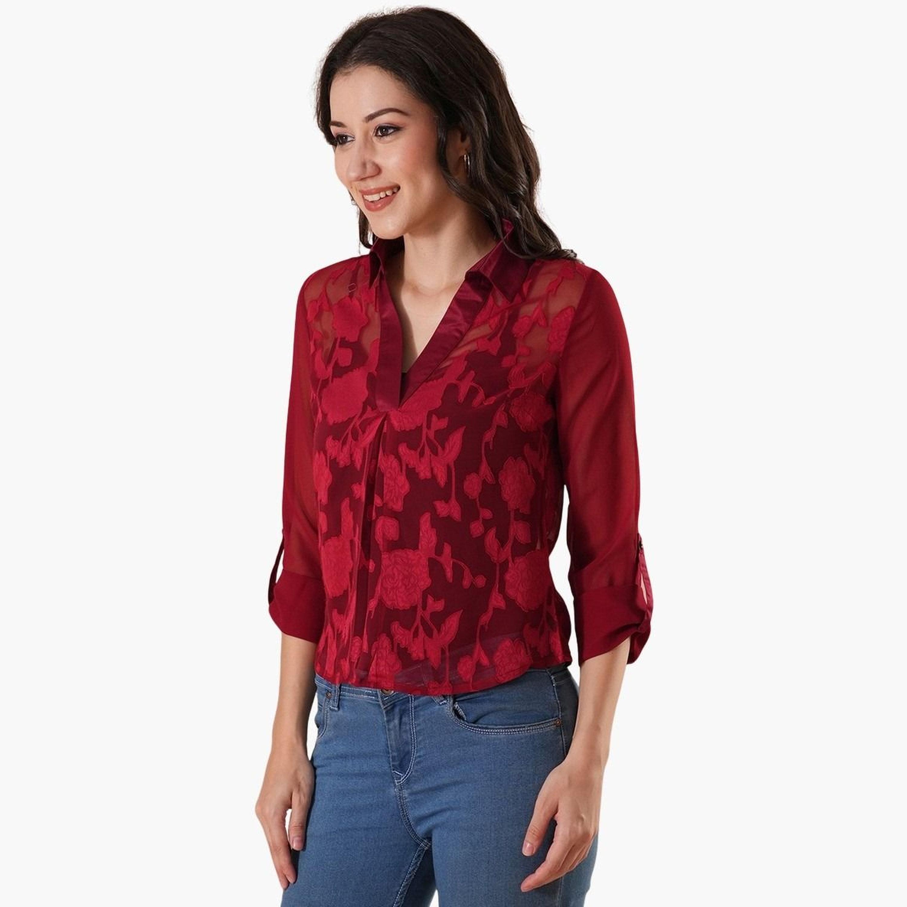 Globus X Styli Women Maroon Floral Print Roll-Up Sleeves Top-women-clothing-shirtsandblouses-shirts-image-1