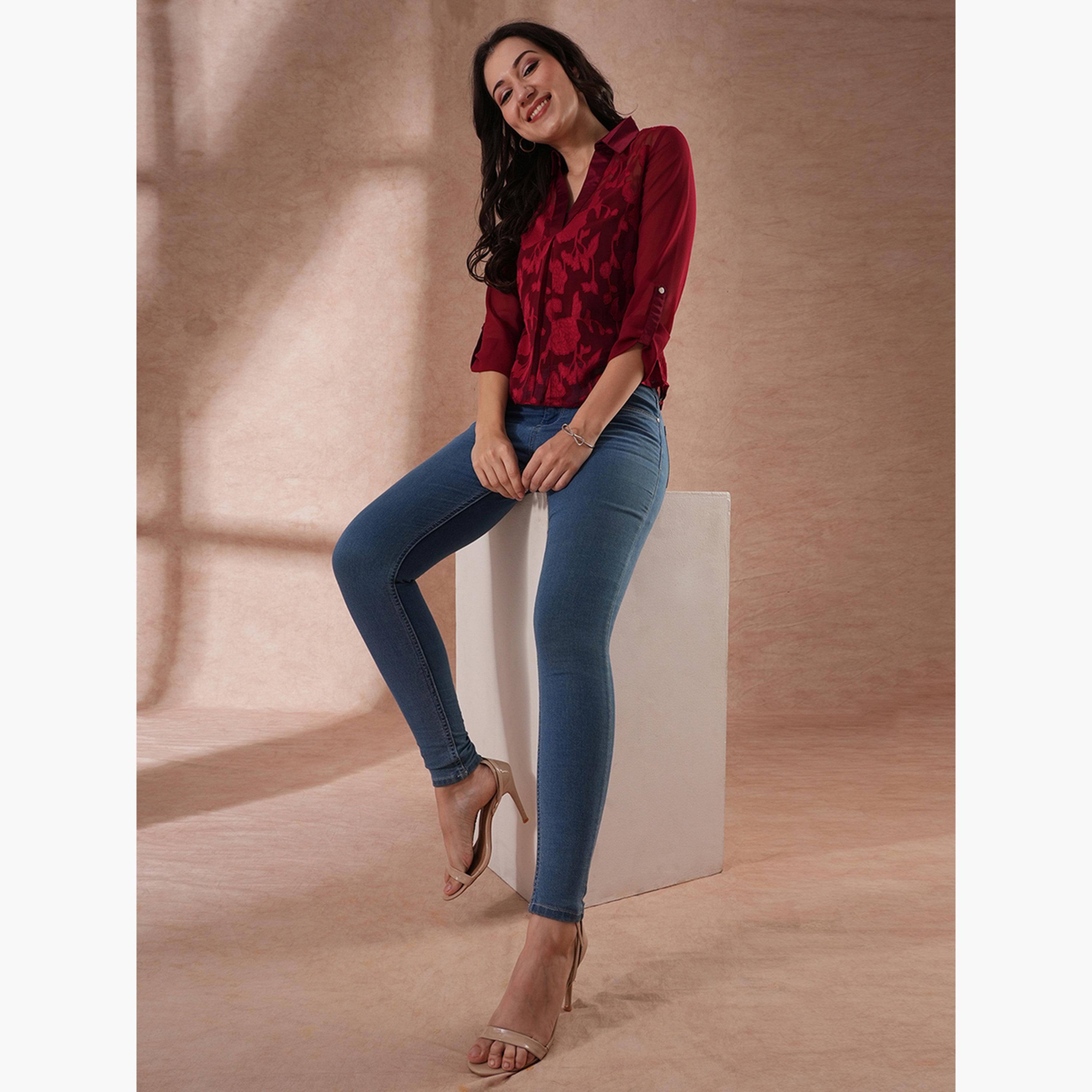 غلوبوس × ستايلي - بلوزة نقشة زهور لون البرغندي وأكمام مطوية للنساء-women-clothing-shirtsandblouses-shirts-image-2