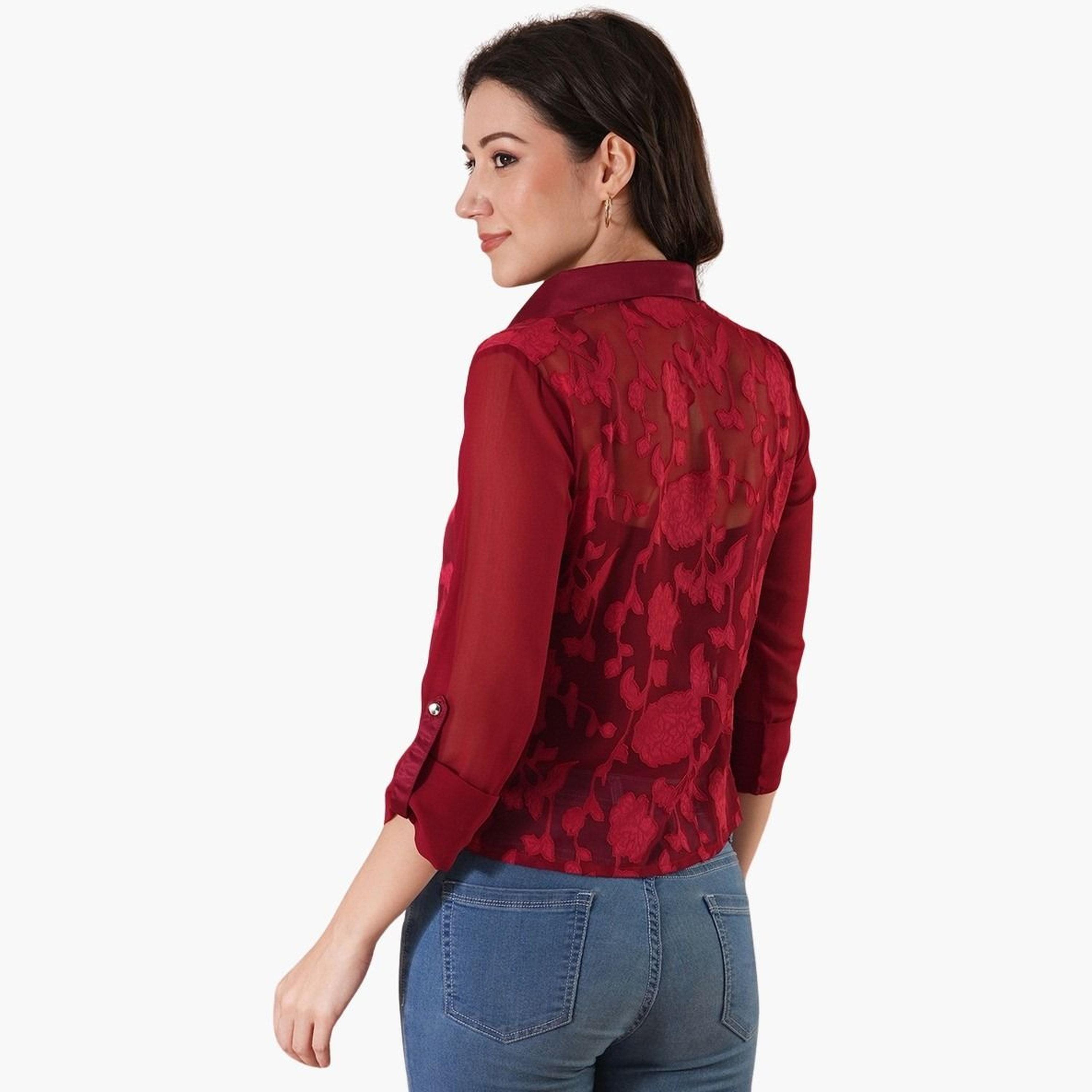 Globus X Styli Women Maroon Floral Print Roll-Up Sleeves Top-women-clothing-shirtsandblouses-shirts-image-3