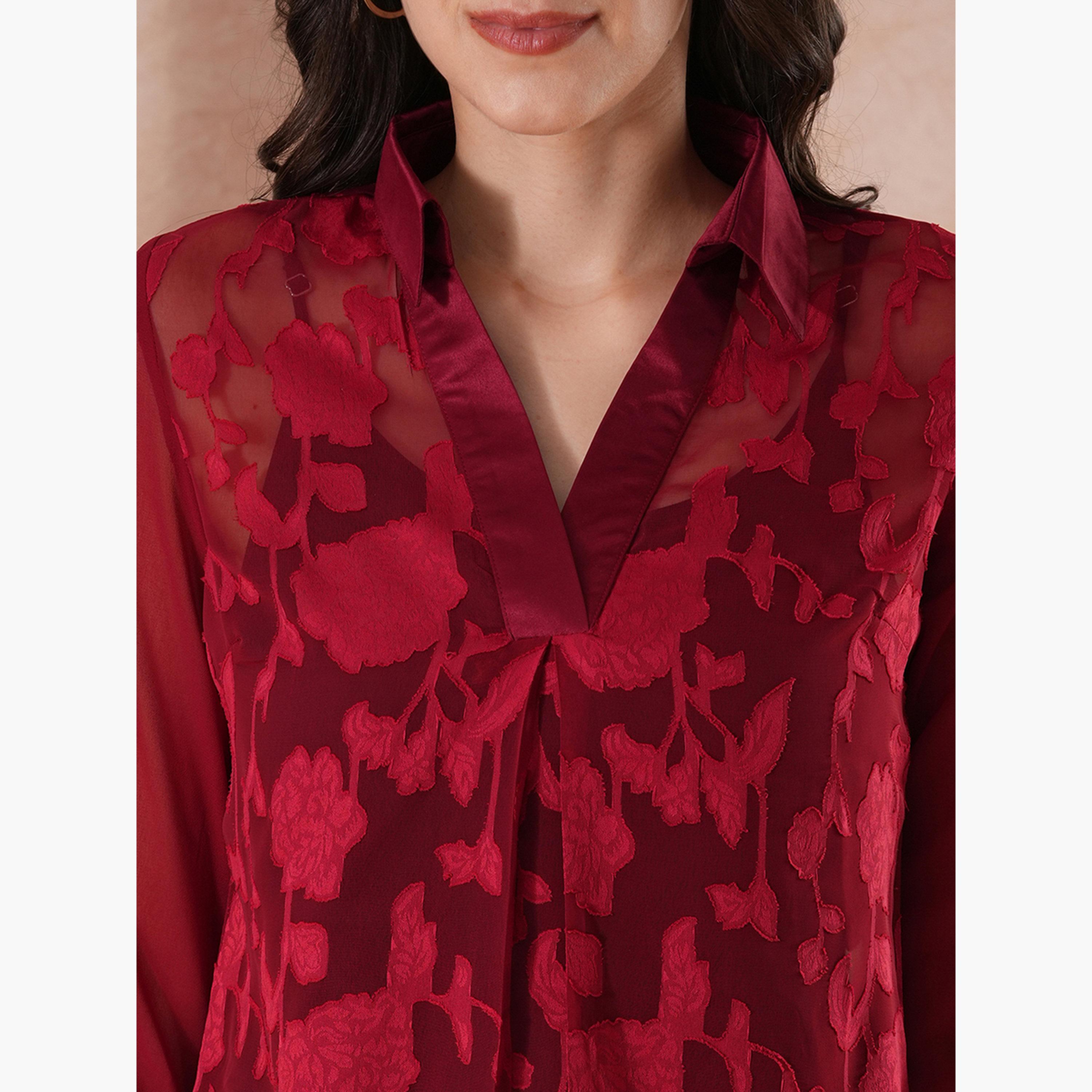 Globus X Styli Women Maroon Floral Print Roll-Up Sleeves Top-women-clothing-shirtsandblouses-shirts-image-4
