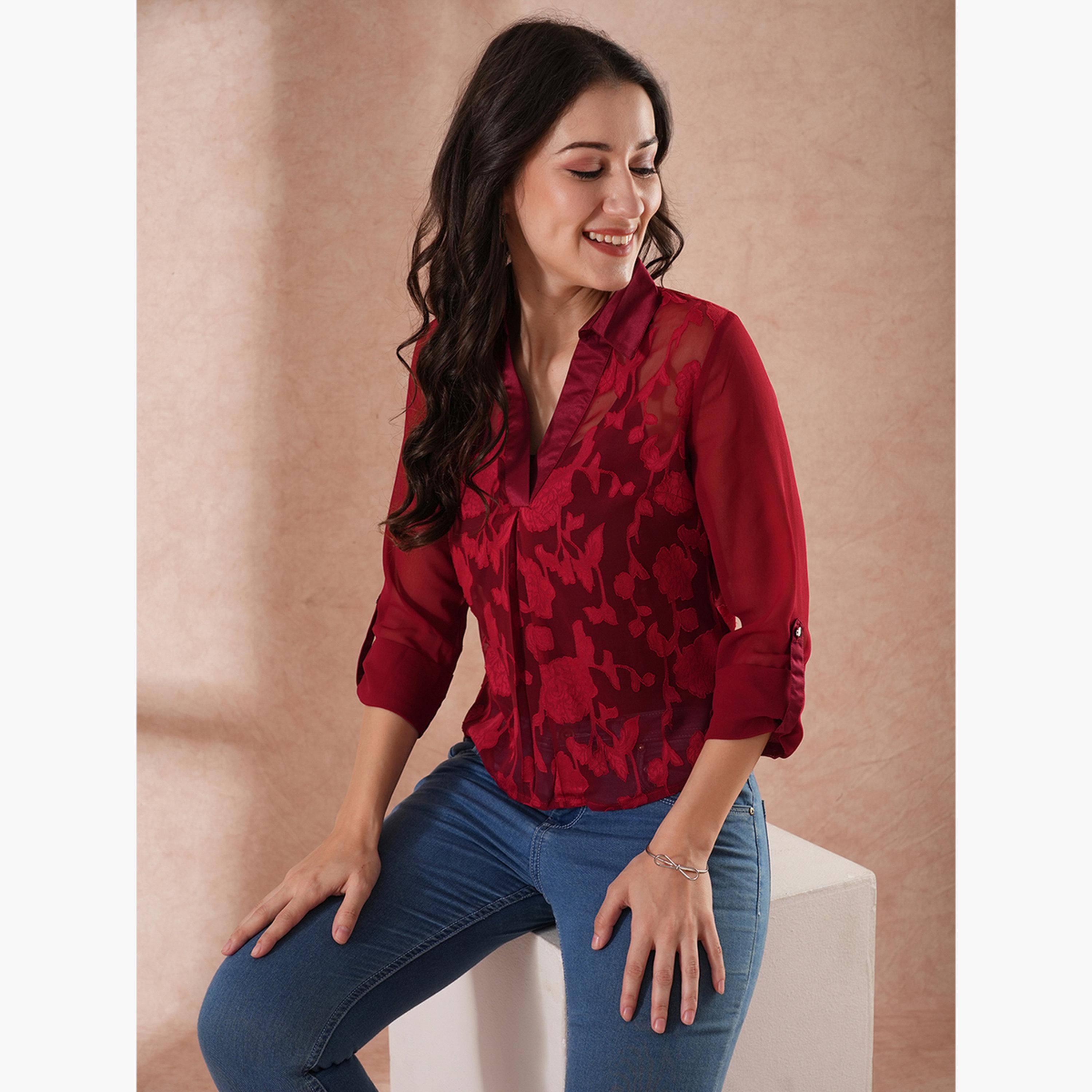 Globus X Styli Women Maroon Floral Print Roll-Up Sleeves Top-women-clothing-shirtsandblouses-shirts-image-5