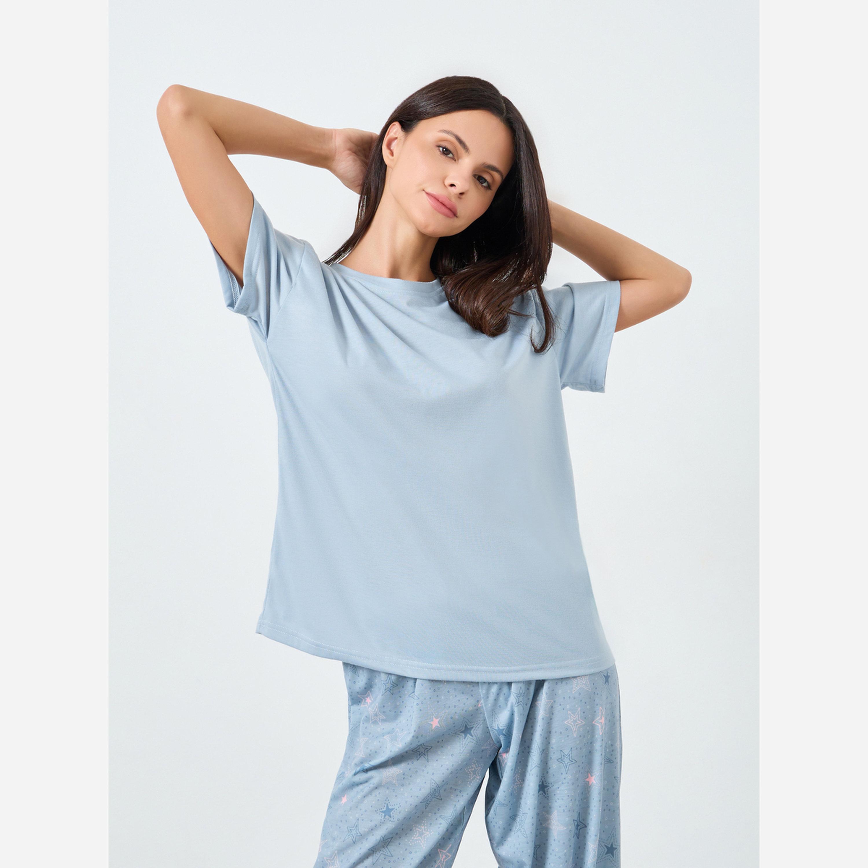Styli SOLID DROP SHOULDER TEE & AOP SKETCHY STAR CUFFED PYJAMA-women-clothing-nightwear-pyjamas-longsets-image-2