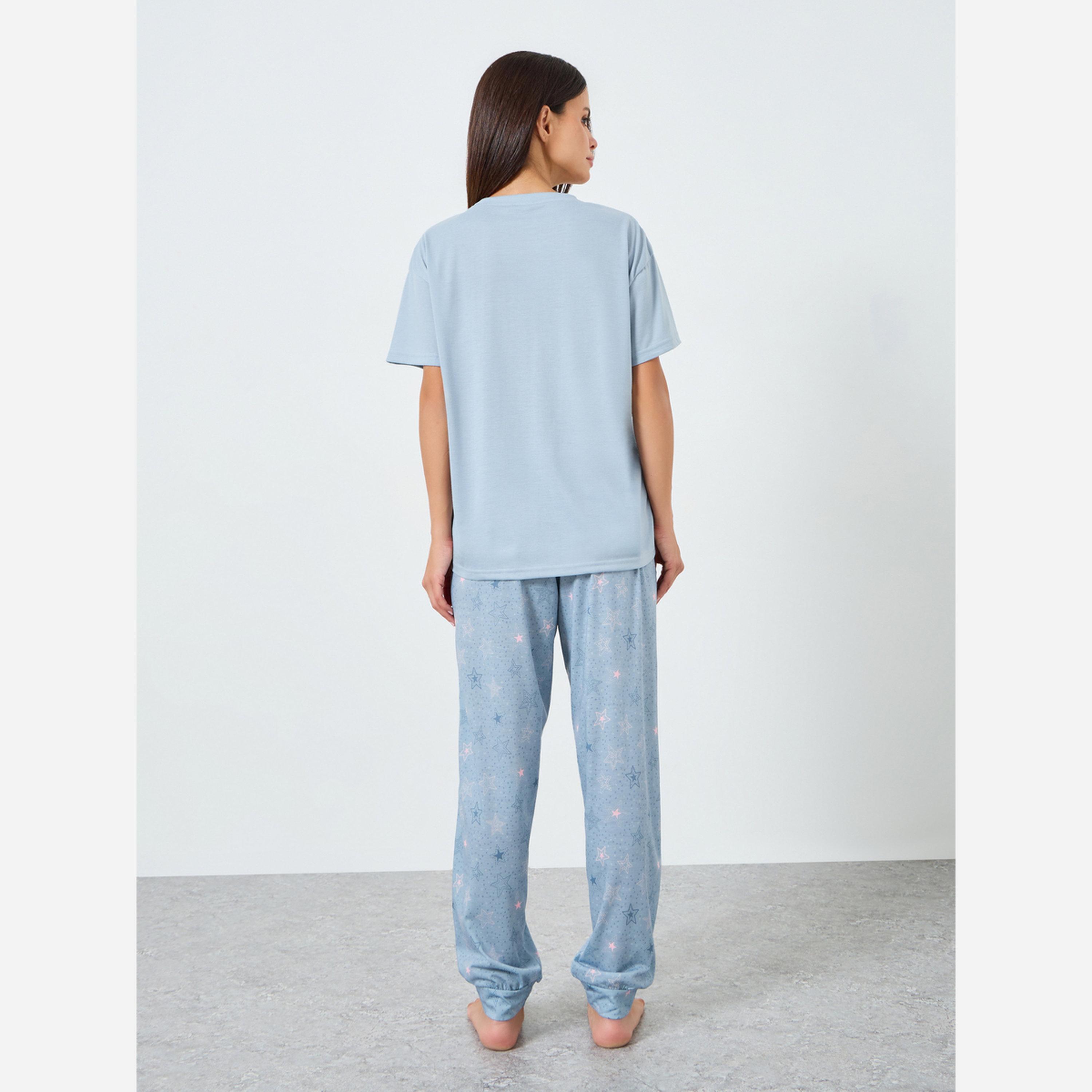Styli SOLID DROP SHOULDER TEE & AOP SKETCHY STAR CUFFED PYJAMA-women-clothing-nightwear-pyjamas-longsets-image-5