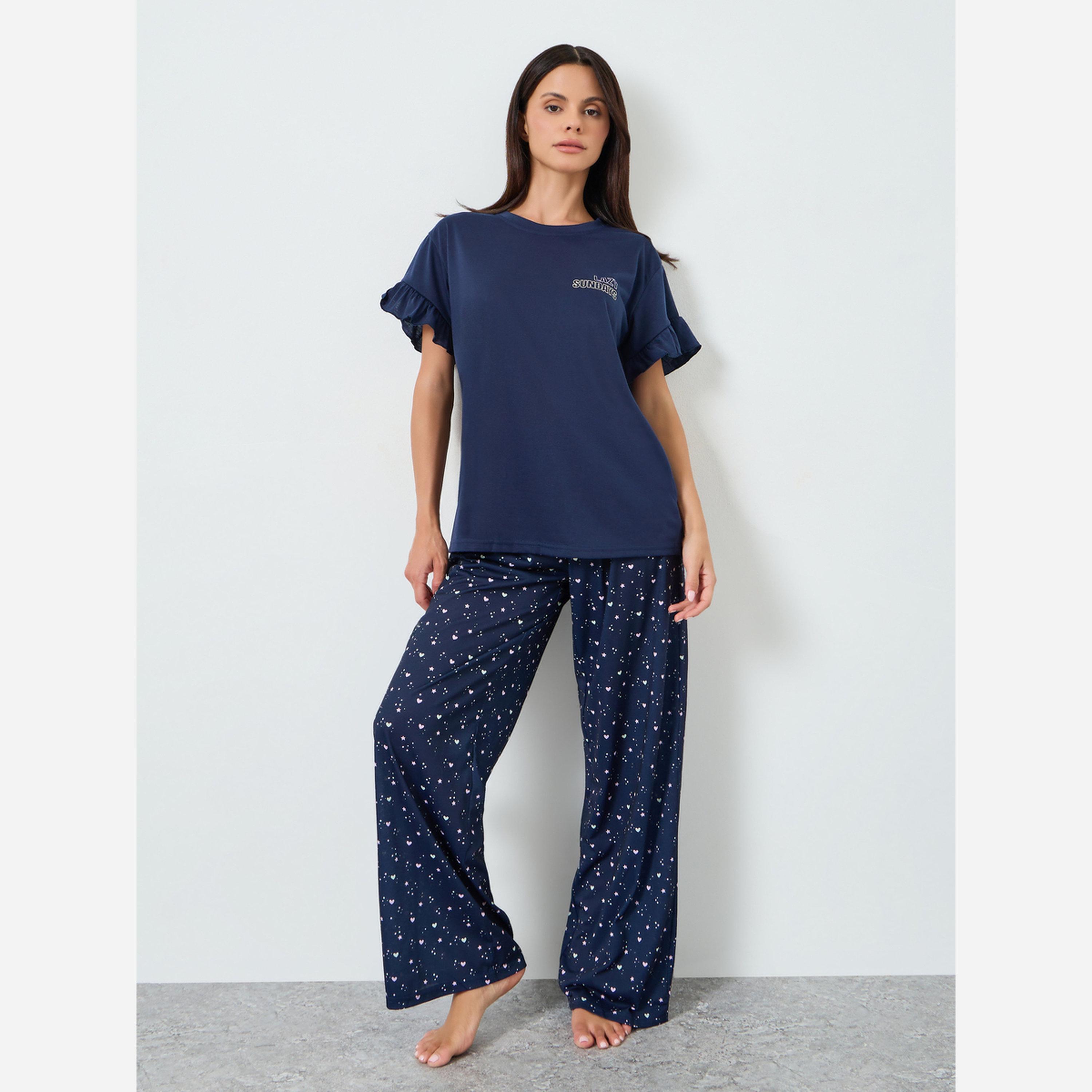 Styli LAZY SUNDAY RUFFLE SLEEVE TEE & AOP HEART SPOT PJ SET-women-clothing-nightwear-pyjamas-longsets-image-1