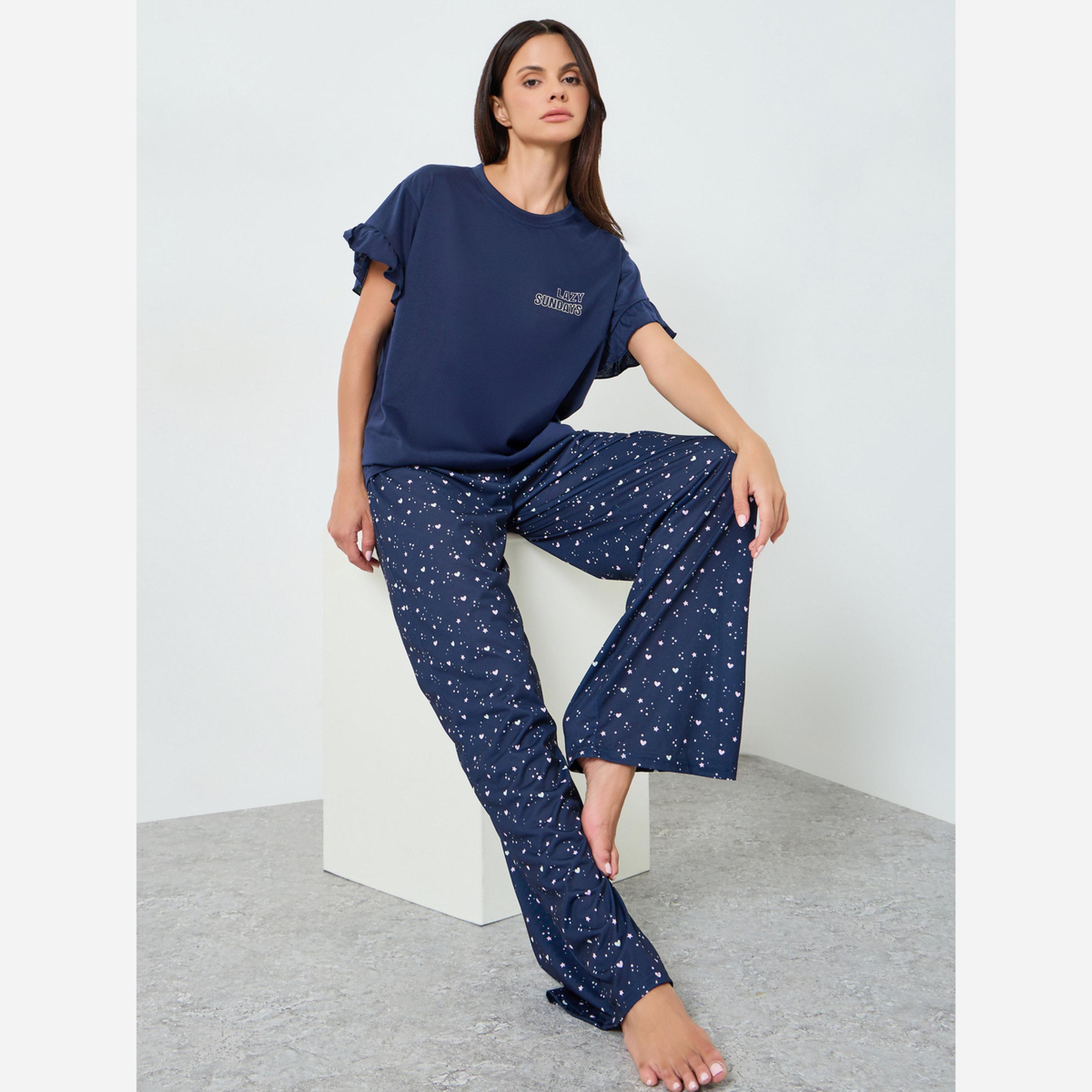 ستايلي - بيجاما تيشيرت أكمام مكشكشة وبنطال طبعة قلب-women-clothing-nightwear-pyjamas-longsets-image-2