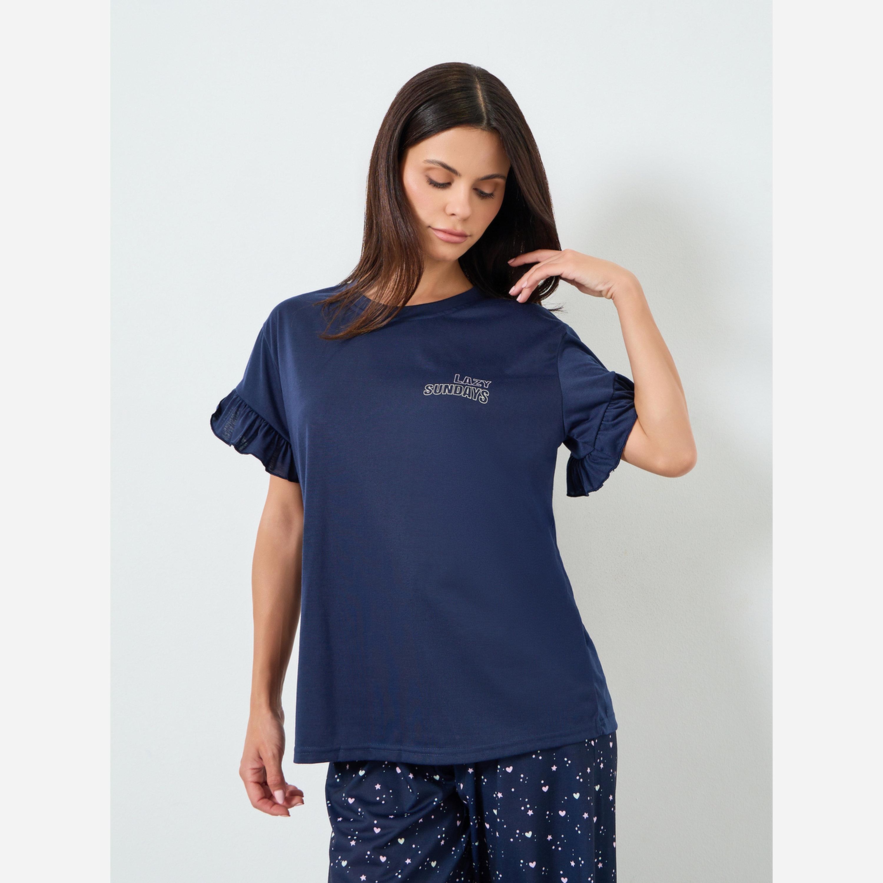 Styli LAZY SUNDAY RUFFLE SLEEVE TEE & AOP HEART SPOT PJ SET-women-clothing-nightwear-pyjamas-longsets-image-3