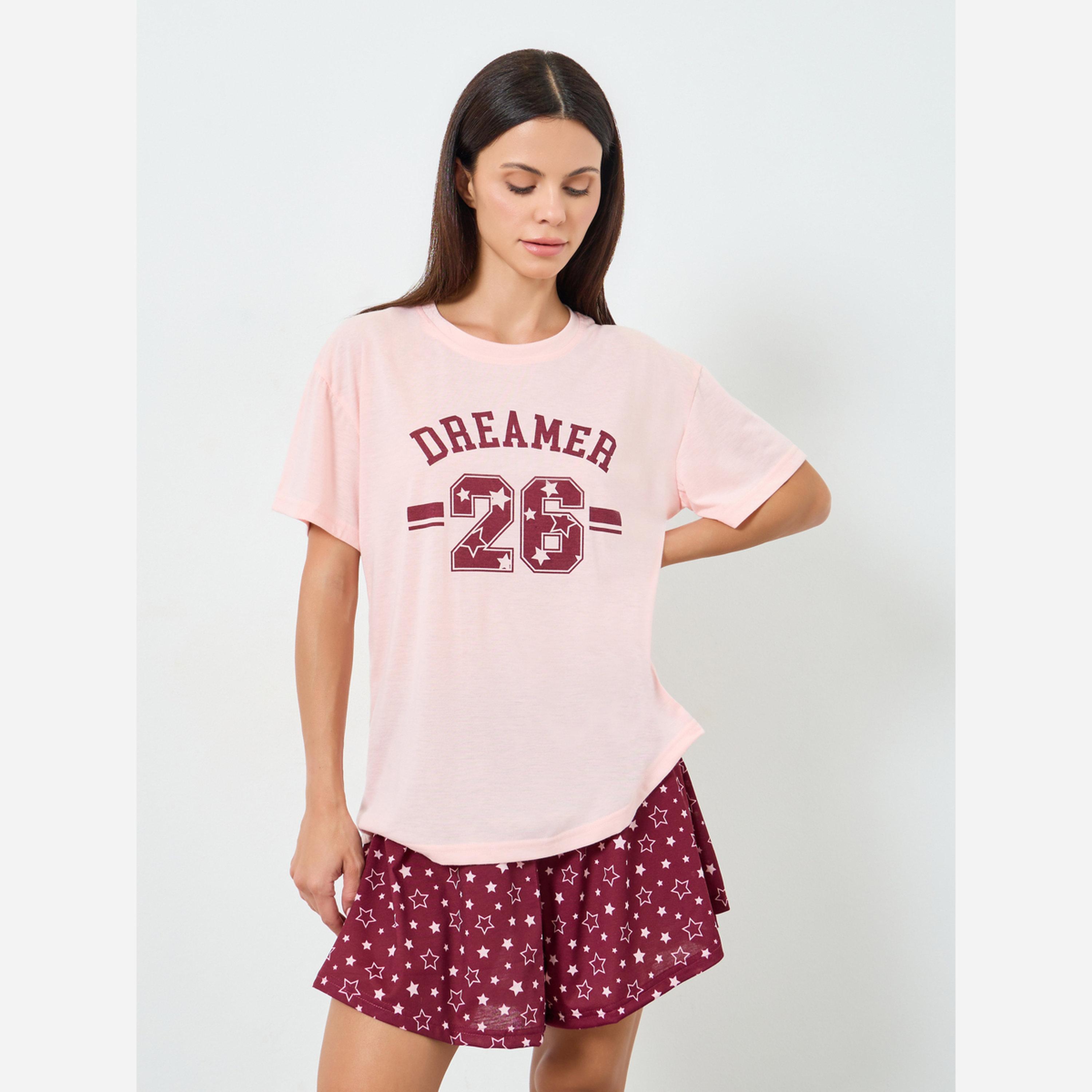Styli DREAMER GRAPHIC DROP SHOULDER TEE & SHORT SET-women-clothing-nightwear-pyjamas-shortsets-image-1